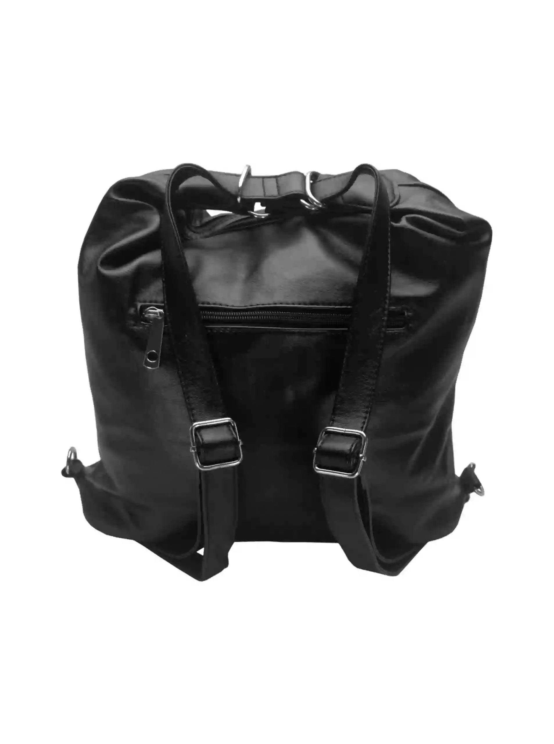 Velký černý kabelko-batoh 2v1 s šikmými kapsami, Tapple, H18076O, zadní strana kabelko-batohu 2v1 s popruhy