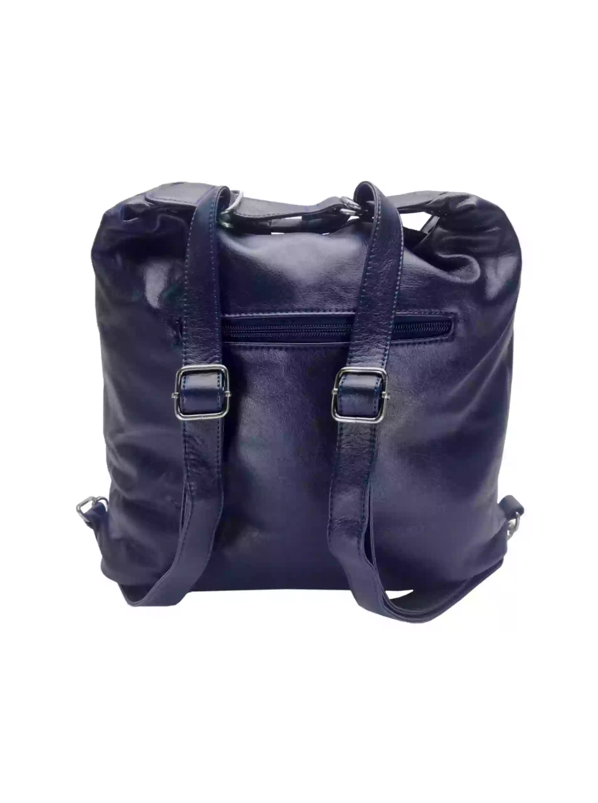 Velký tmavě modrý kabelko-batoh 2v1 s šikmými kapsami, Tapple, H18076O, zadní strana kabelko-batohu s popruhy