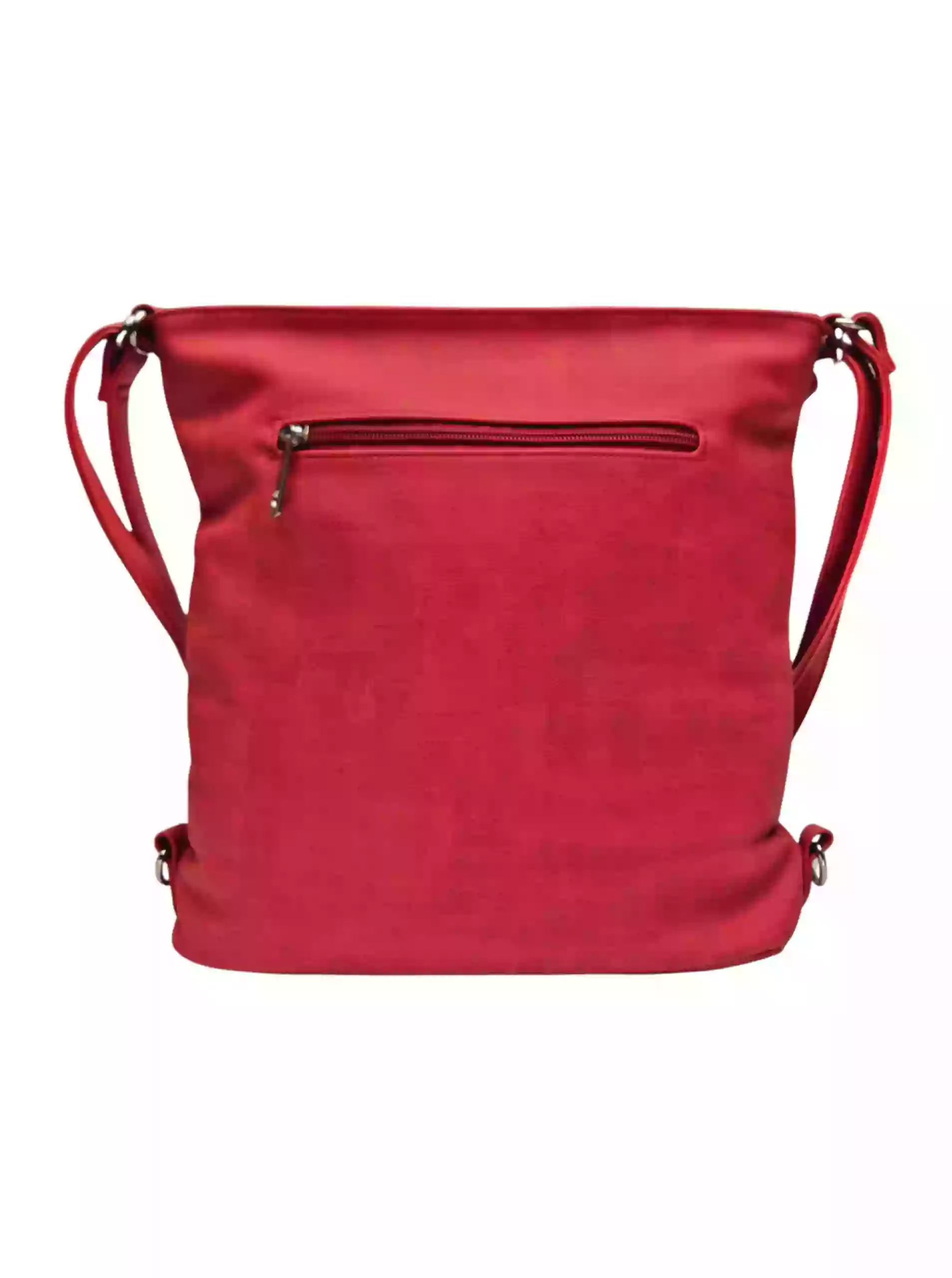 Střední červený kabelko-batoh 2v1 se slušivým šikmým zipem, Tapple, H190061, zadní strana kabelko-batohu