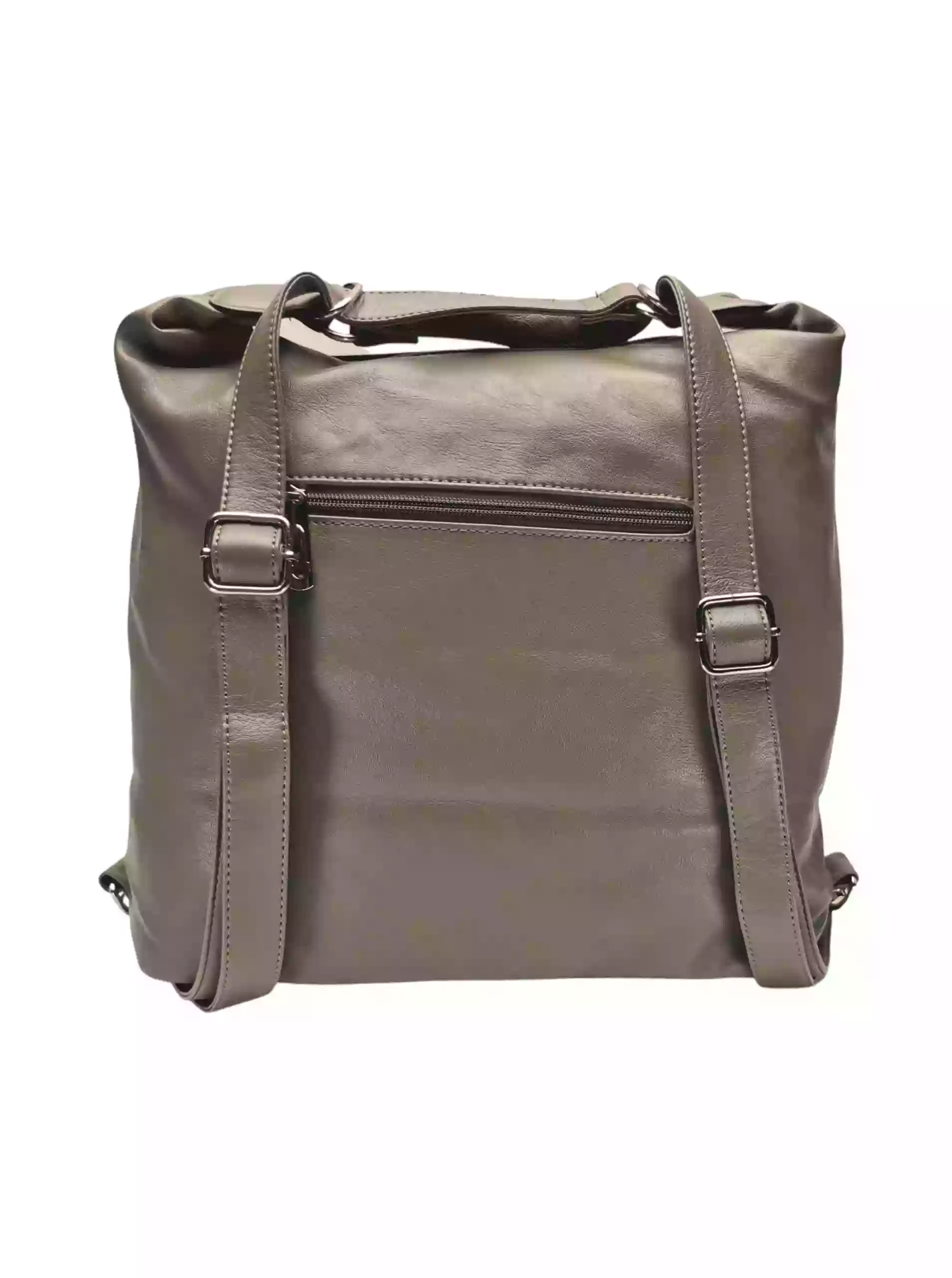 Velký šedohnědý kabelko-batoh 2v1 s šikmými kapsami, Tapple, H18076O, zadní strana kabelko-batohu s popruhy