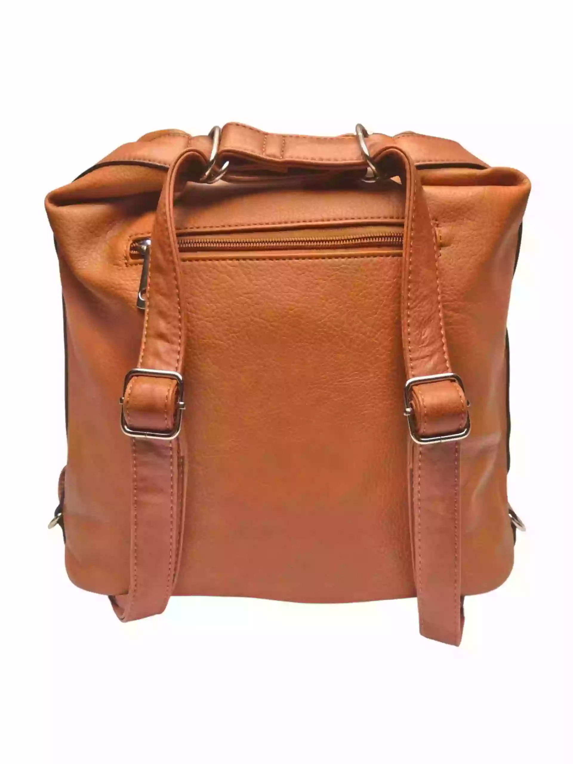 Velký středně hnědý kabelko-batoh 2v1 z eko kůže, Tapple, H20805, zadní strana kabelko-batohu 2v1 s popruhy