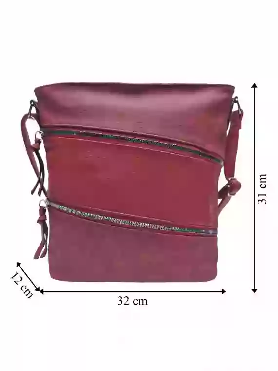 Crossbody kabelka se stylovými šikmými kapsami, Tapple, H18007, bordó, přední strana crossbody kabelky s rozměry