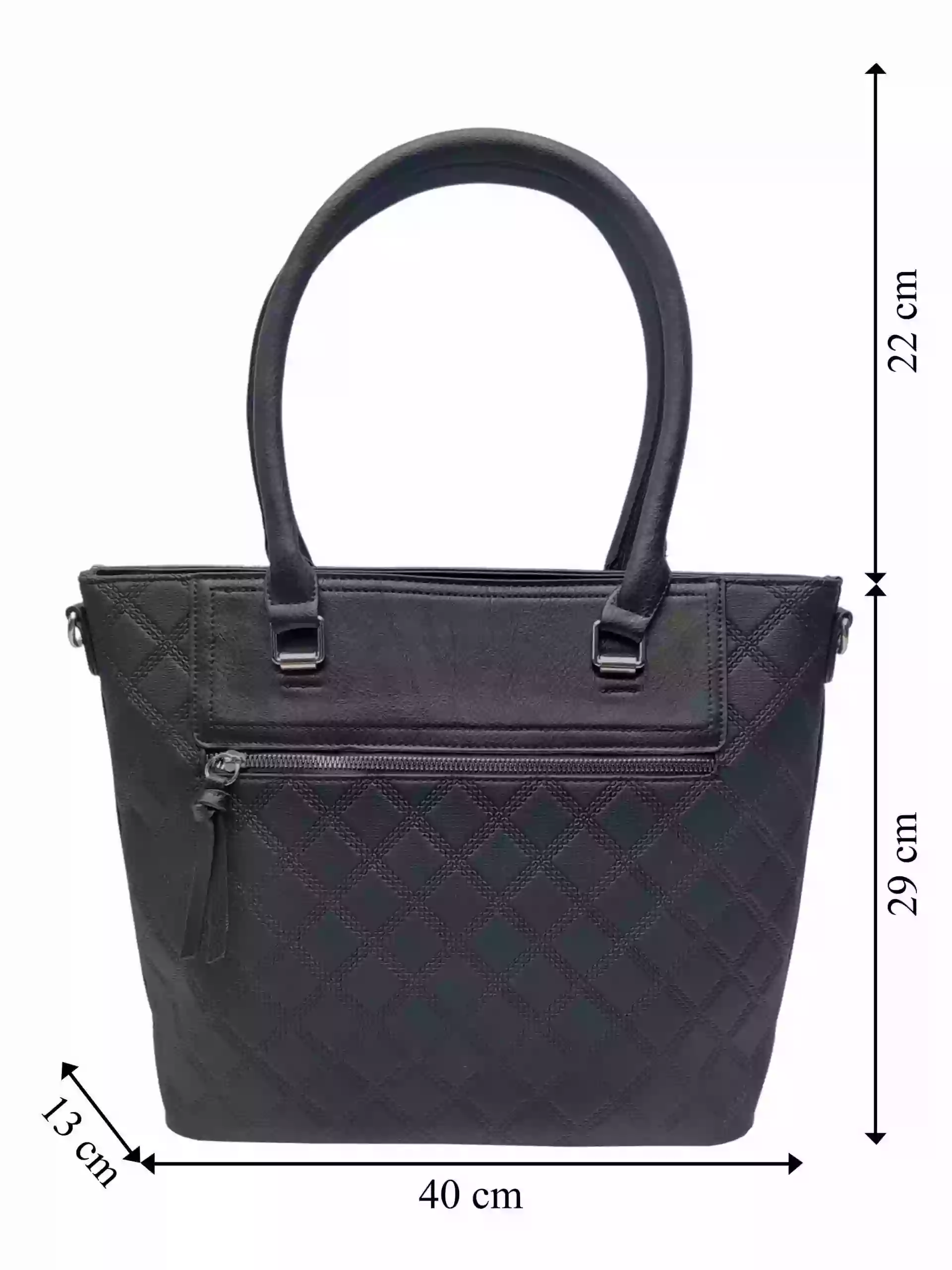 Černá kabelka s kosočtvercovým vzorem, Tapple, H190014, přední strana kabelky do ruky s rozměry