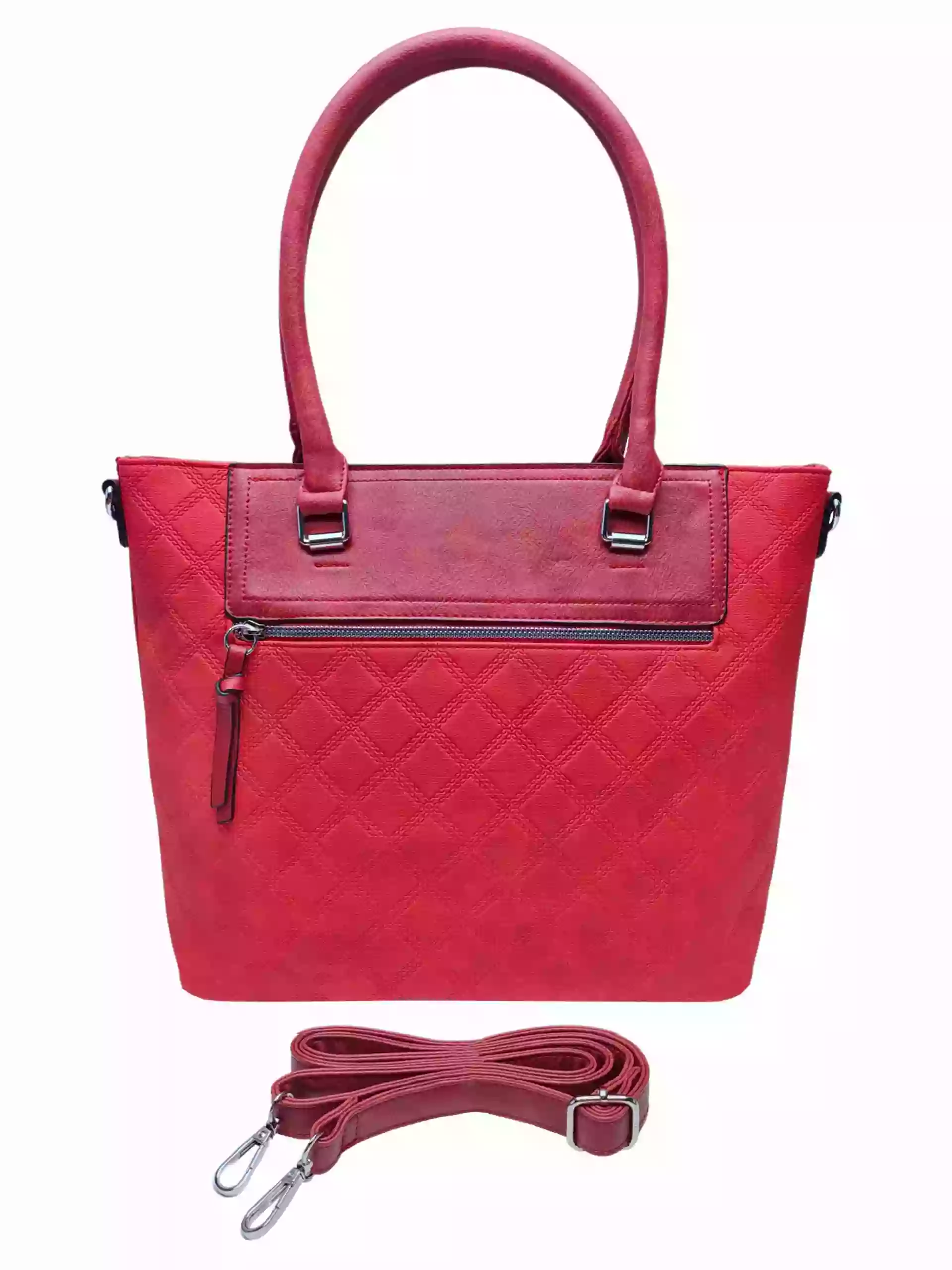 Červená kabelka s kosočtvercovým vzorem, Tapple, H190014, přední strana kabelky do ruky s popruhem
