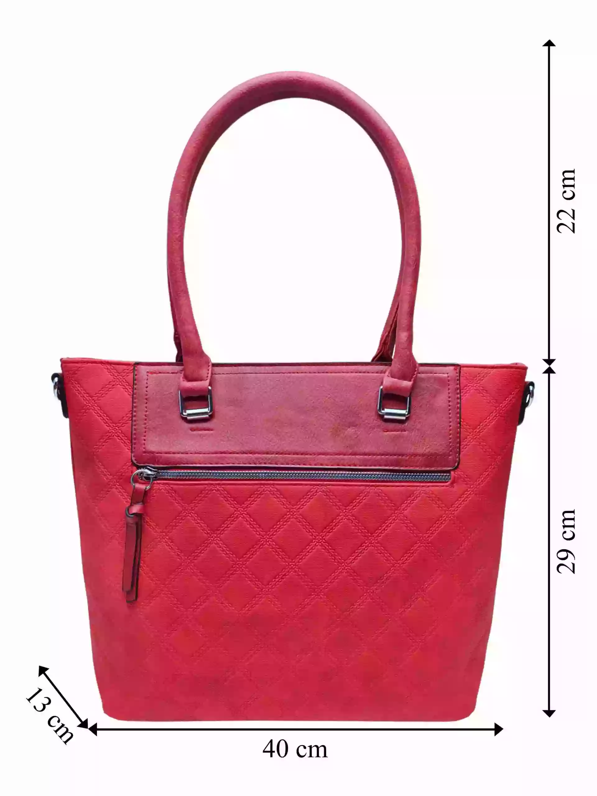 Červená kabelka s kosočtvercovým vzorem, Tapple, H190014, přední strana kabelky do ruky s rozměry