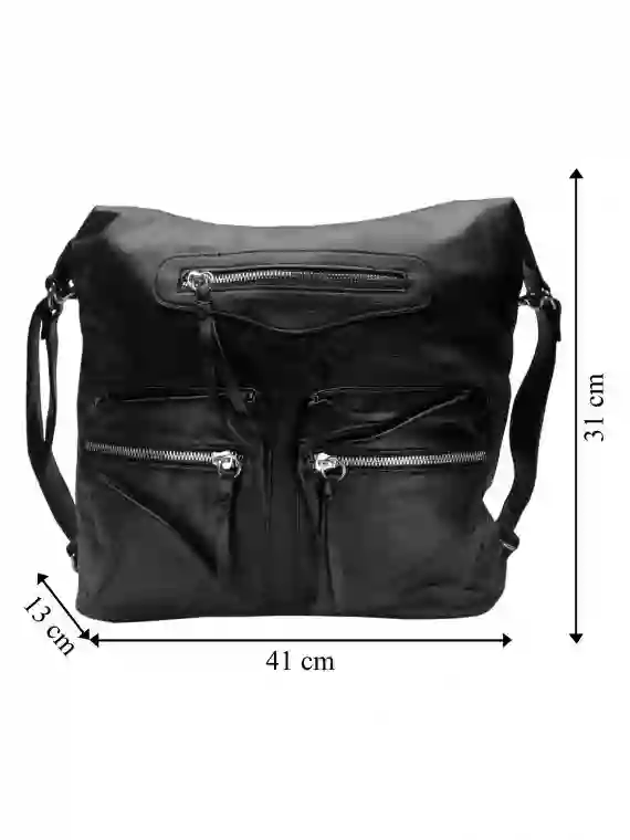 Praktický dámský kabelko-batoh s kapsami, Tapple, H181177, černý, přední strana kabelko-batohu 2v1 s rozměry