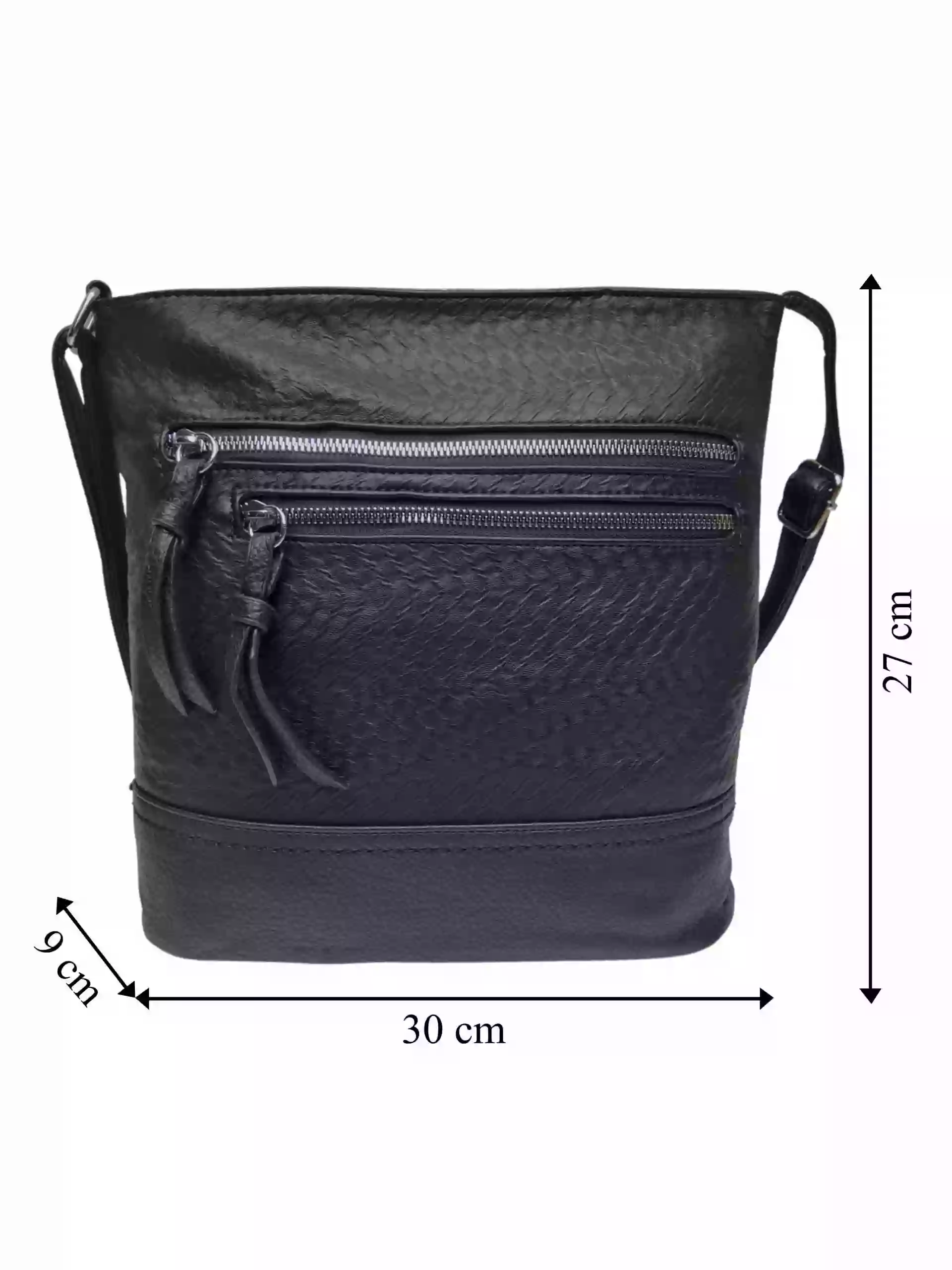 Černá crossbody kabelka s moderní texturou, Tapple, H20434, přední strana crossbody kabelky s rozměry