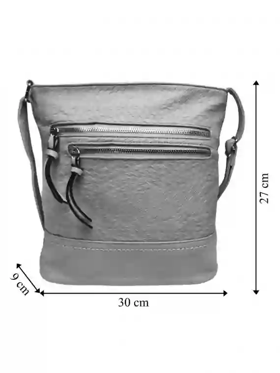 Slušivá crossbody kabelka s moderní texturou, Tapple, H20434, světle šedá, přední strana crossbody kabelky s rozměry