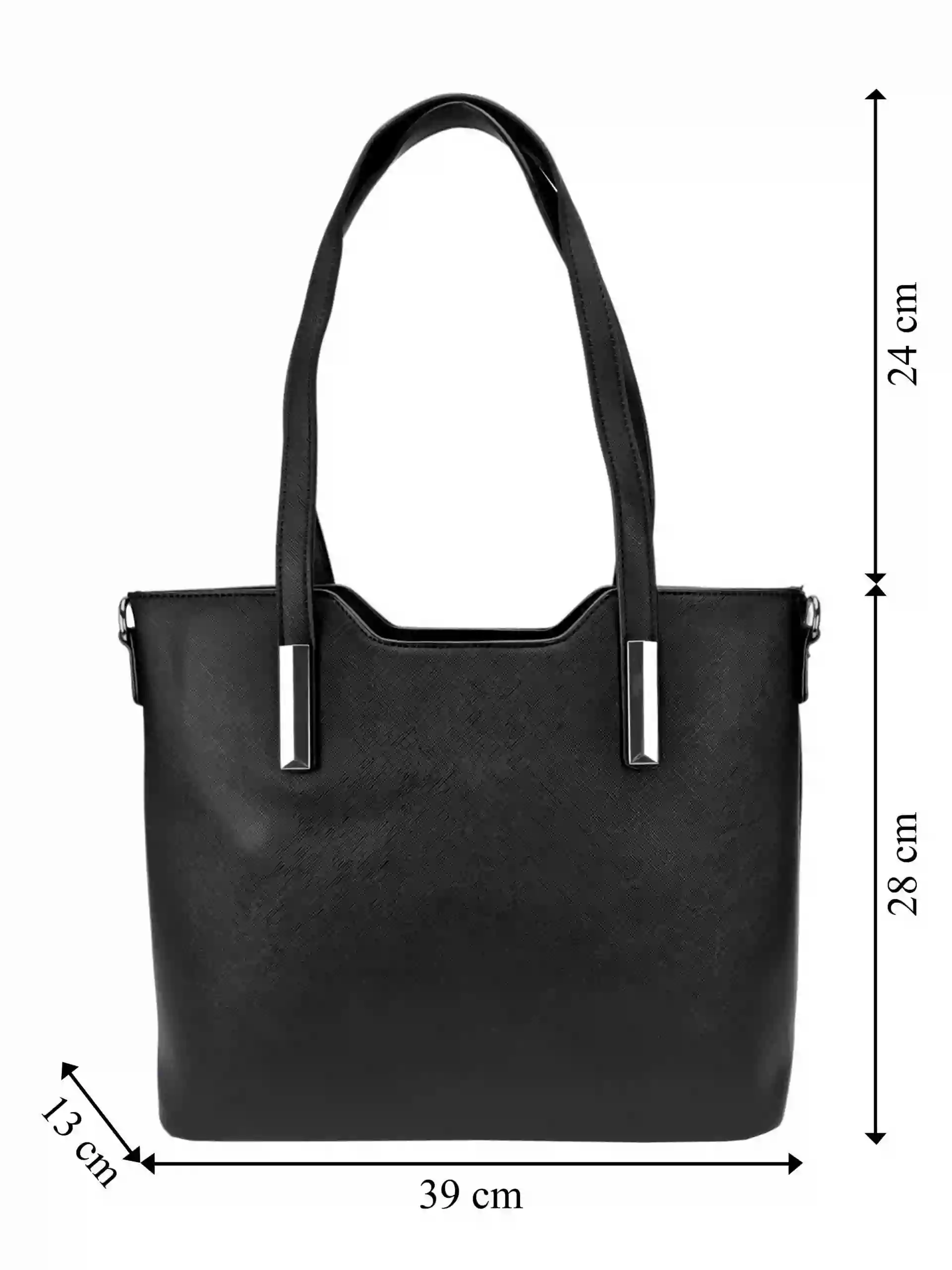 Černá kabelka do ruky se stříbrnými detaily, Tapple, H20801, přední strana kabelky do ruky s rozměry