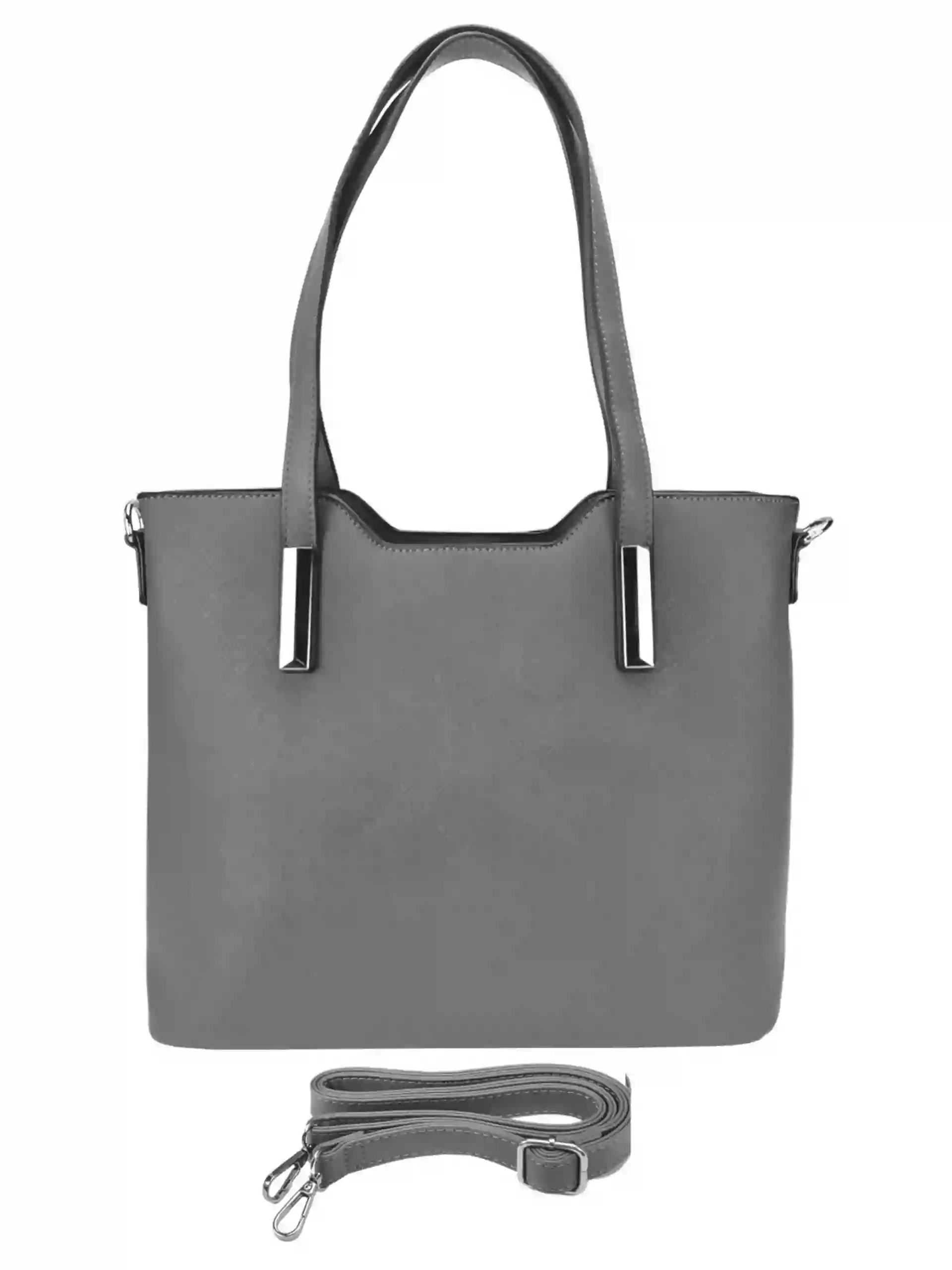 Středně šedá kabelka do ruky se stříbrnými detaily, Tapple, H20801, přední strana kabelky do ruky s popruhem
