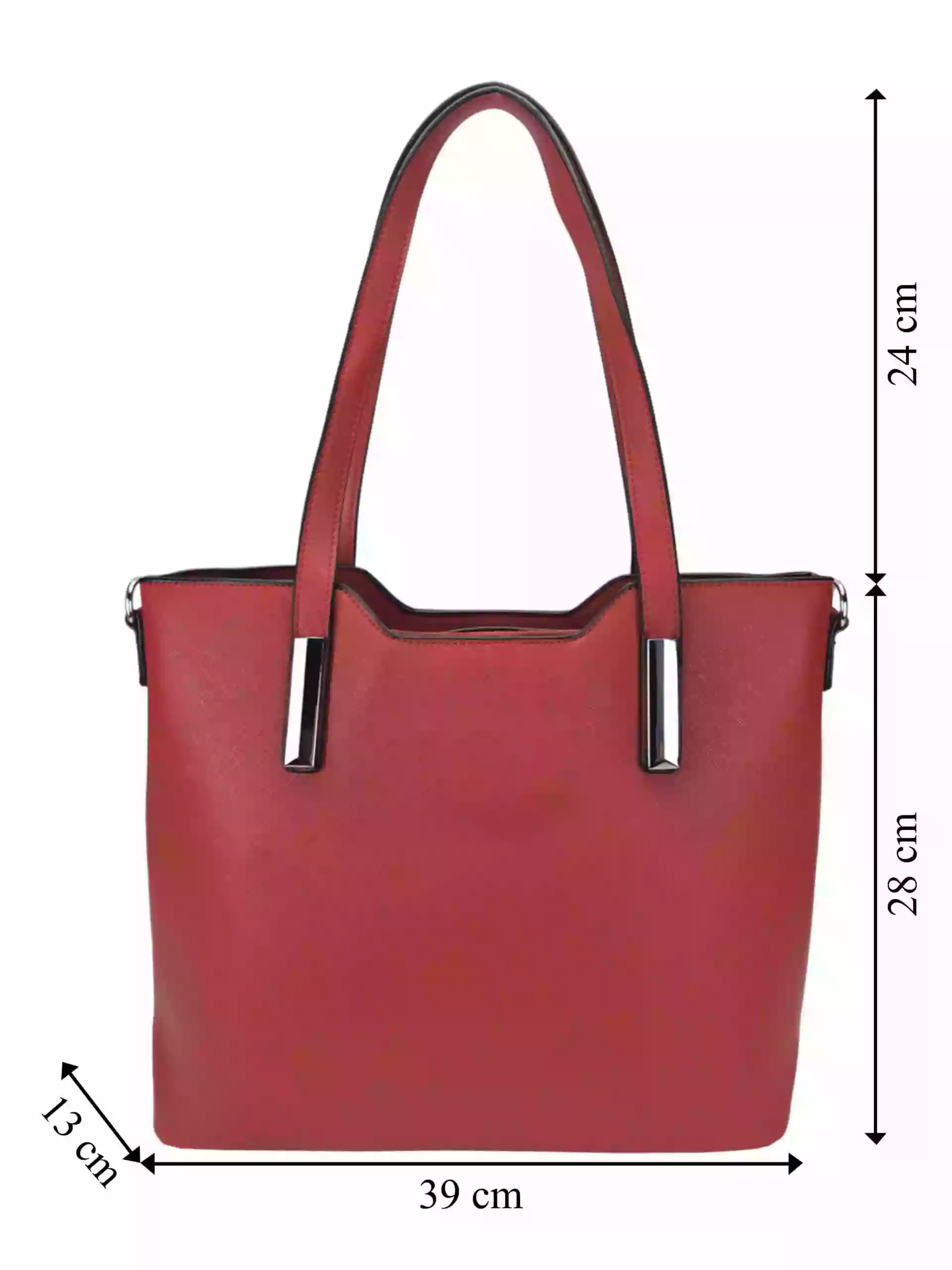 Tmavě červená kabelka do ruky se stříbrnými detaily, Tapple, H20801, přední strana kabelky do ruky s rozměry