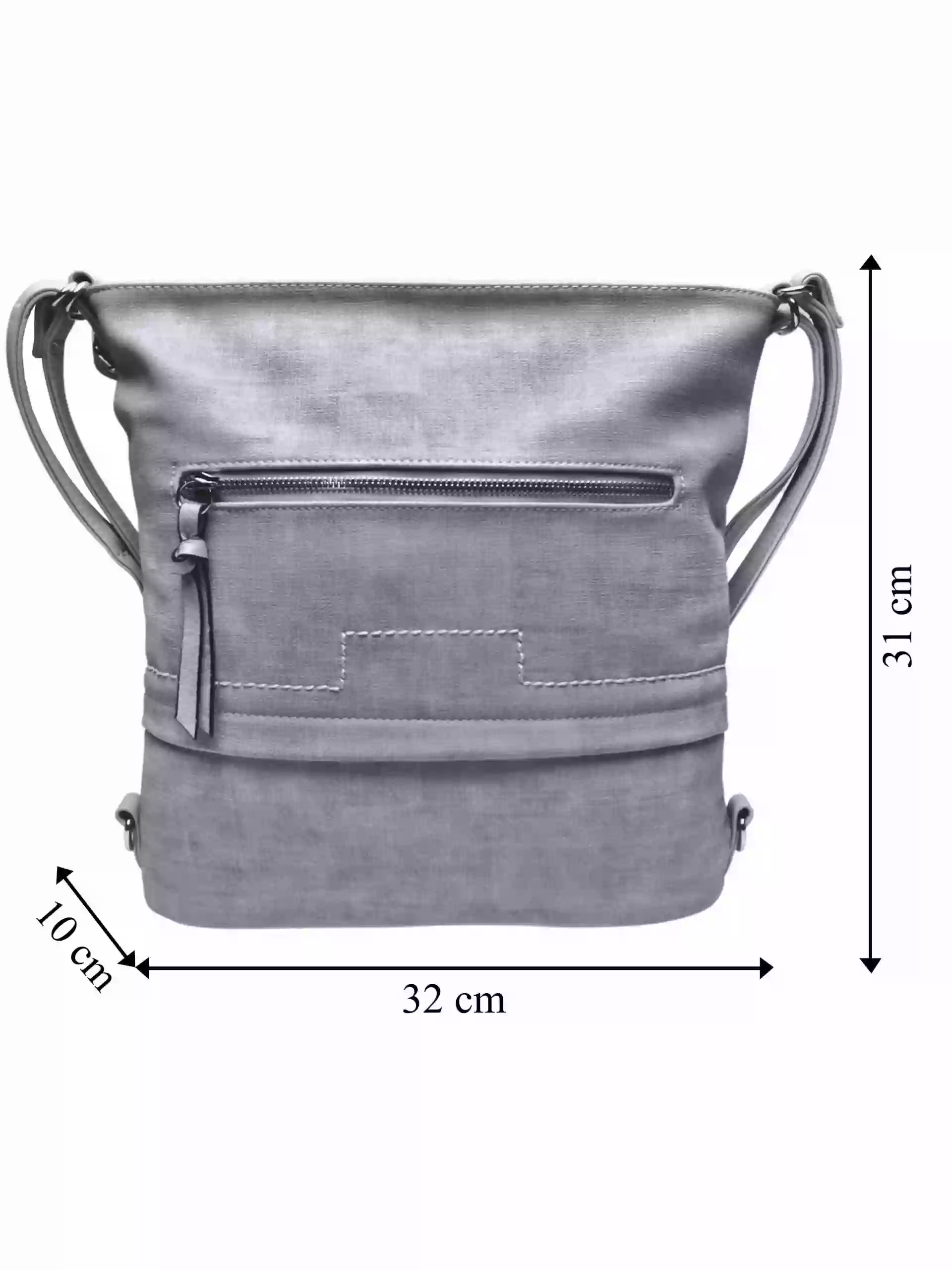 Střední světle šedý kabelko-batoh 2v1 s praktickou kapsou, Tapple, H190062, přední strana kabelko-batohu 2v1 s rozměry