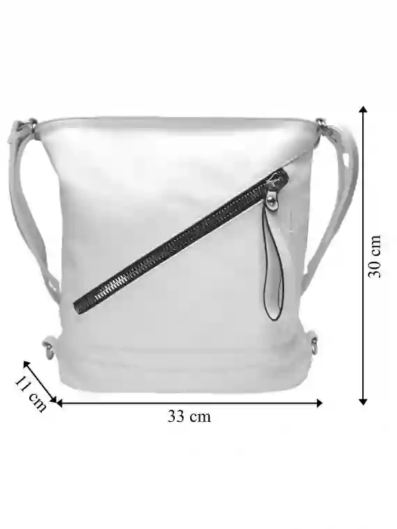 Střední kabelko-batoh 2v1 se slušivým šikmým zipem, Tapple, H190061, bílý, přední strana kabelko-batohu s rozměry