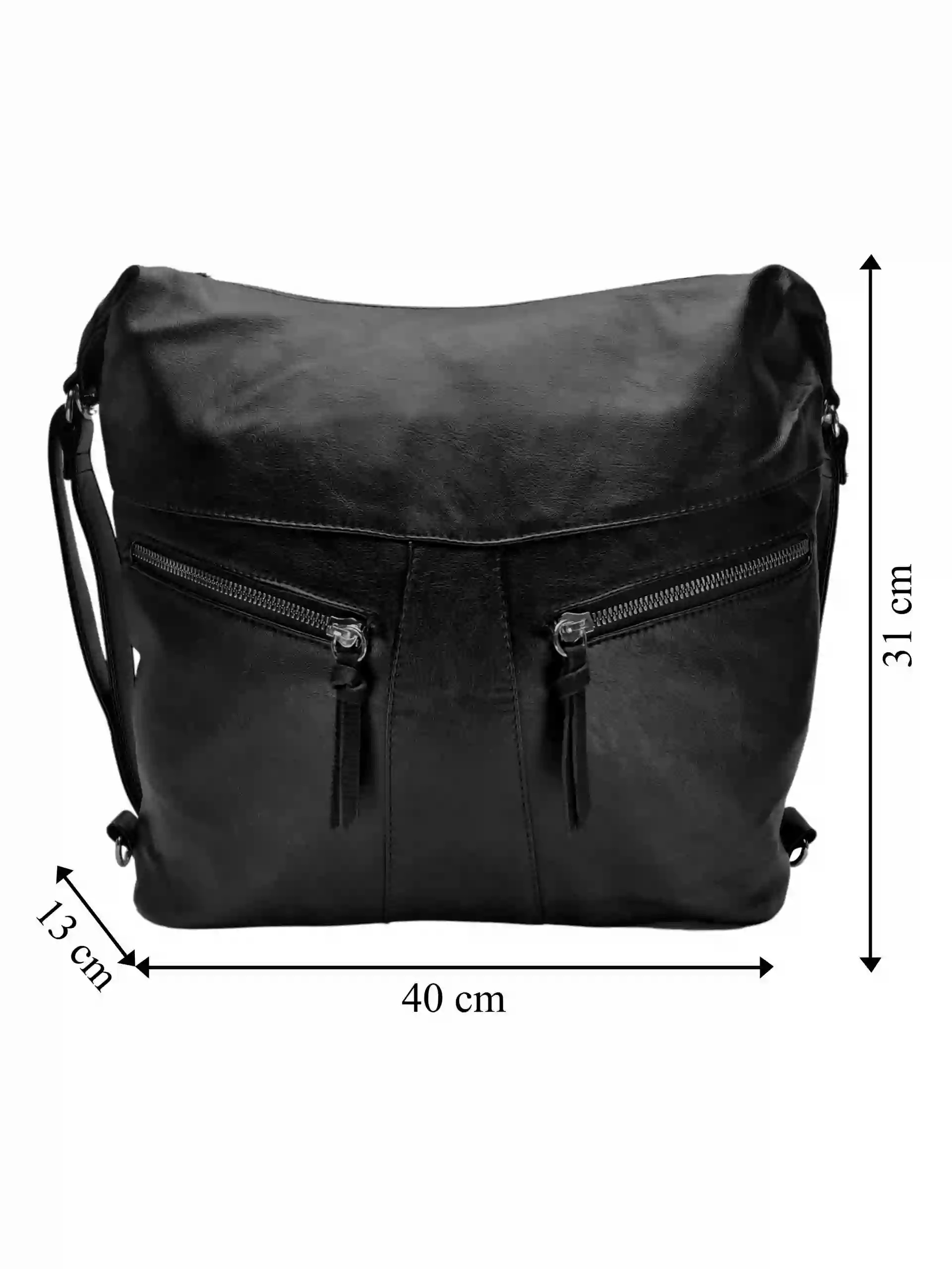 Velký černý kabelko-batoh 2v1 s šikmými kapsami, Tapple, H18076O, přední strana kabelko-batohu 2v1 s rozměry