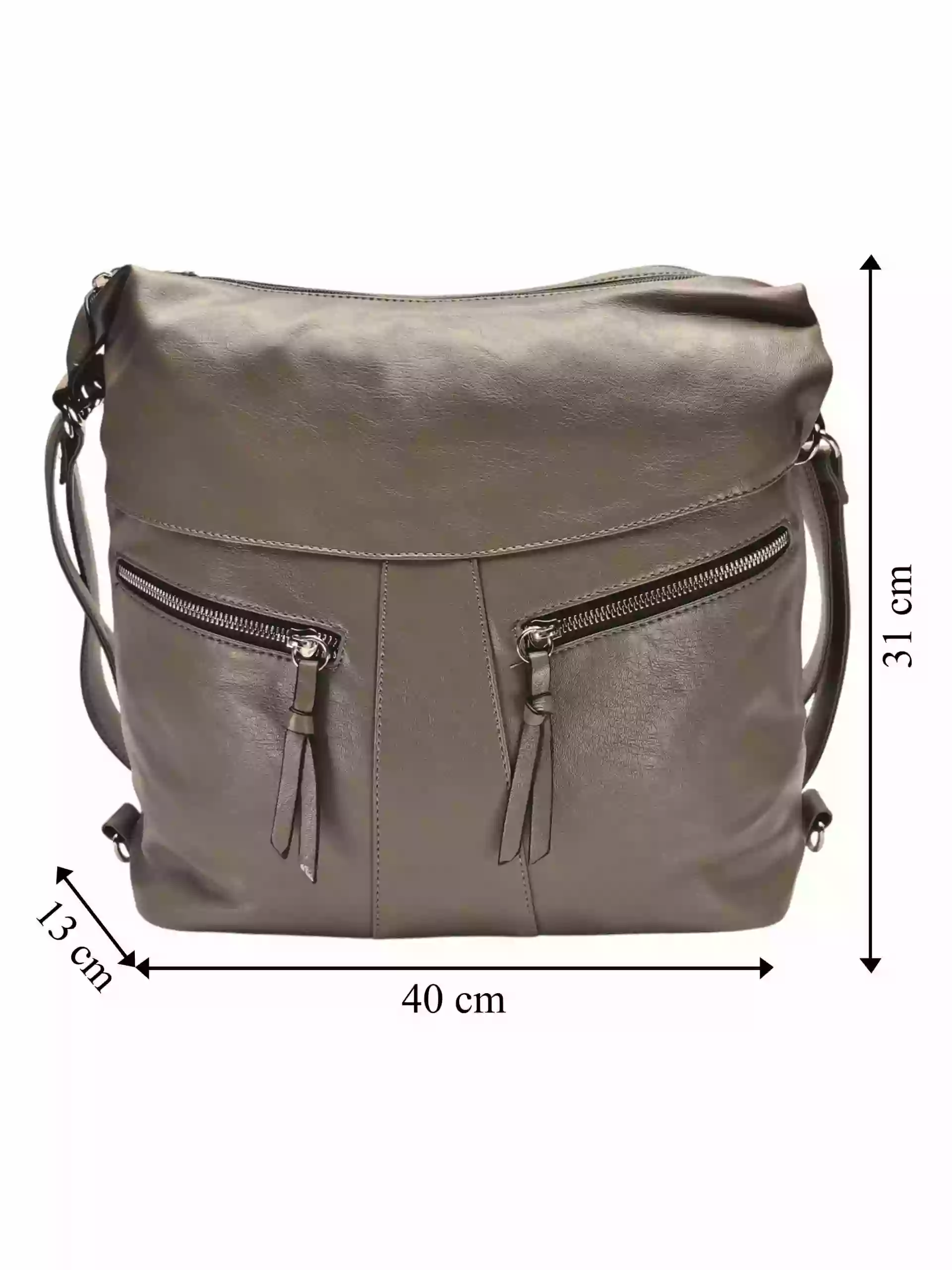 Velký šedohnědý kabelko-batoh 2v1 s šikmými kapsami, Tapple, H18076O, přední strana kabelko-batohu s rozměry