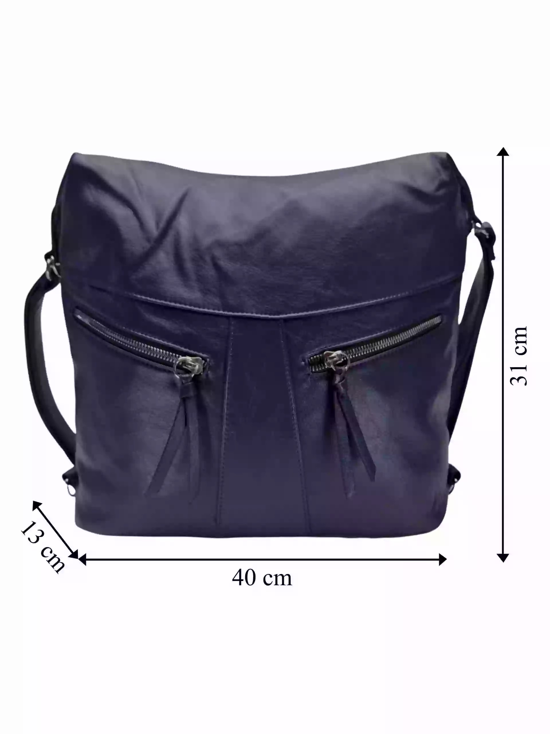 Velký tmavě modrý kabelko-batoh 2v1 s šikmými kapsami, Tapple, H18076O, přední strana kabelko-batohu s rozměry