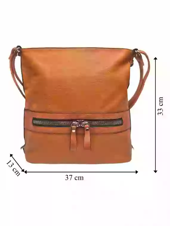 Velký dámský kabelko-batoh 2v1 z eko kůže, Tapple, H20805, středně hnědý, přední strana kabelko-batohu 2v1 s rozměry