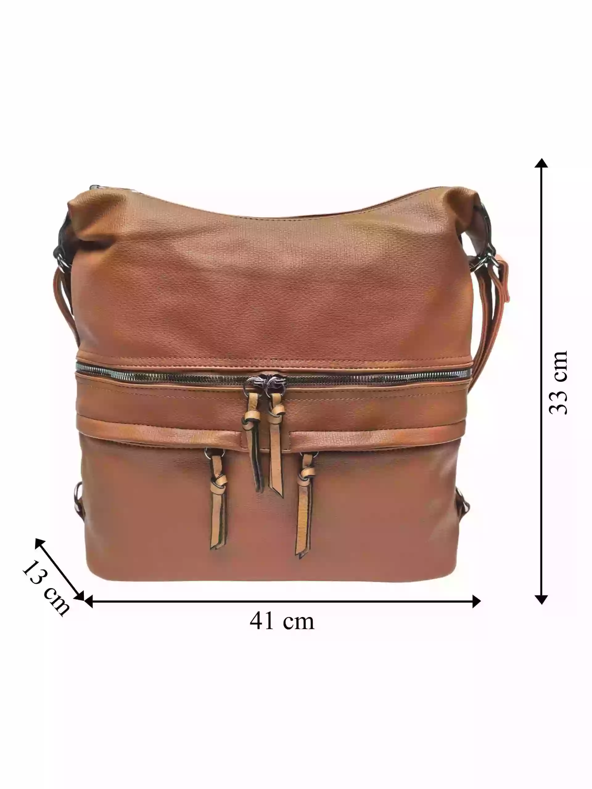 Velký středně hnědý kabelko-batoh s kapsami, Tapple, H181175N2, přední strana kabelko-batohu s rozměry