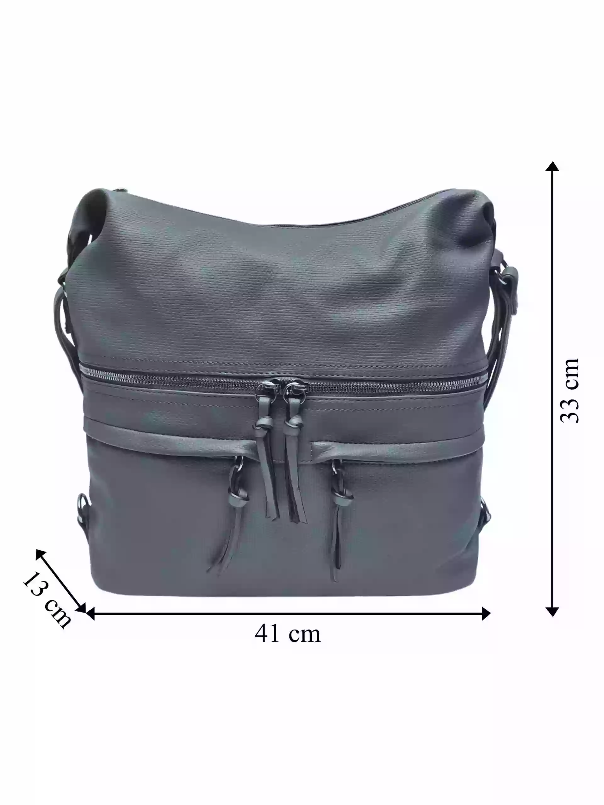 Velký středně šedý kabelko-batoh s kapsami, Tapple, H181175N2, přední strana kabelko-batohu 2v1 s rozměry