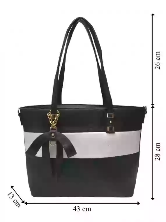 Elegantní dámská kabelka se slušivou ozdobou, Alexia, Z998-9, černo-bílá, přední strana kabelky do ruky s rozměry