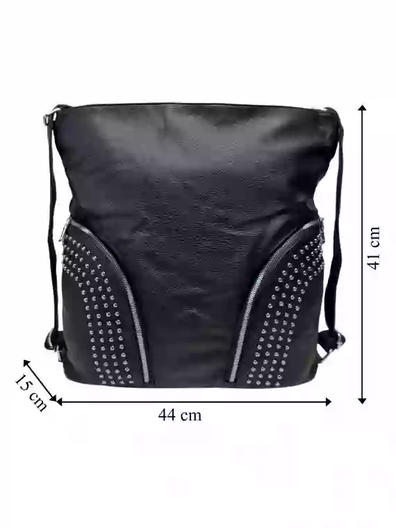 Kabelka a batoh v jednom se slušivými kapsami, Co & Coo Fashion, 0957, černý, přední strana kabelky a batohu v jednom s rozměry