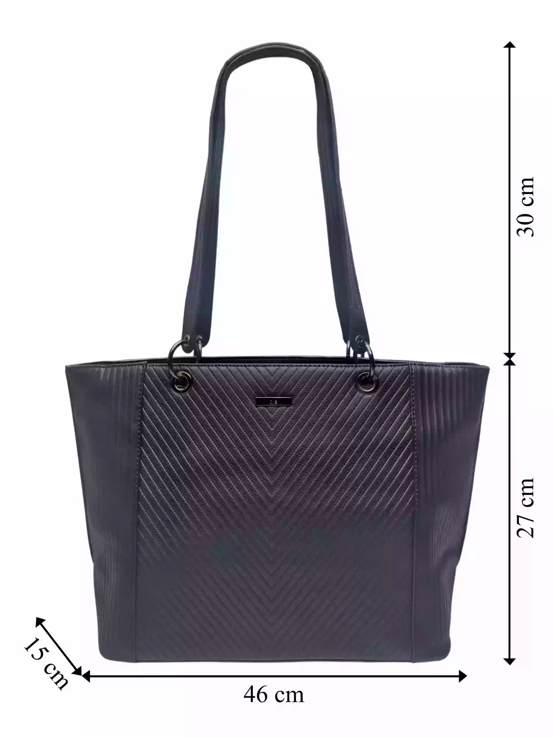 Velká černá dámská kabelka s pruhovými vzory, Ola, G-9212, přední strana kabelky přes rameno s rozměry