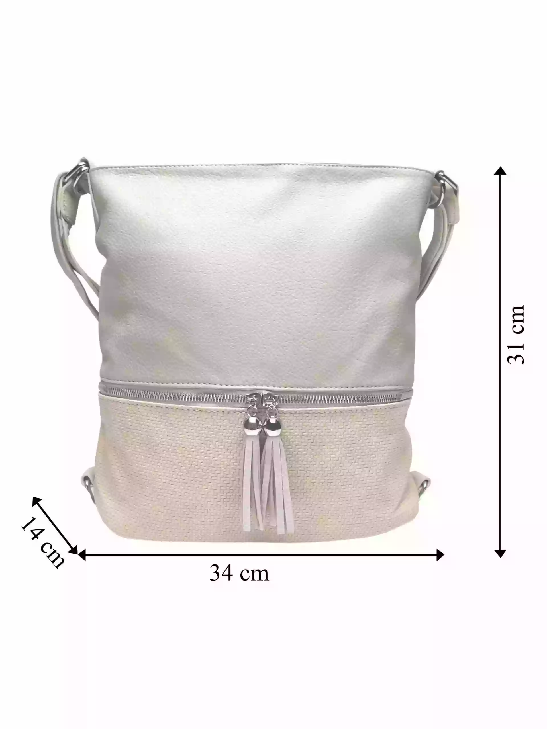 Střední béžový kabelko-batoh 2v1 s třásněmi, Bella Belly, 5394, přední strana kabelko-batohu s rozměry