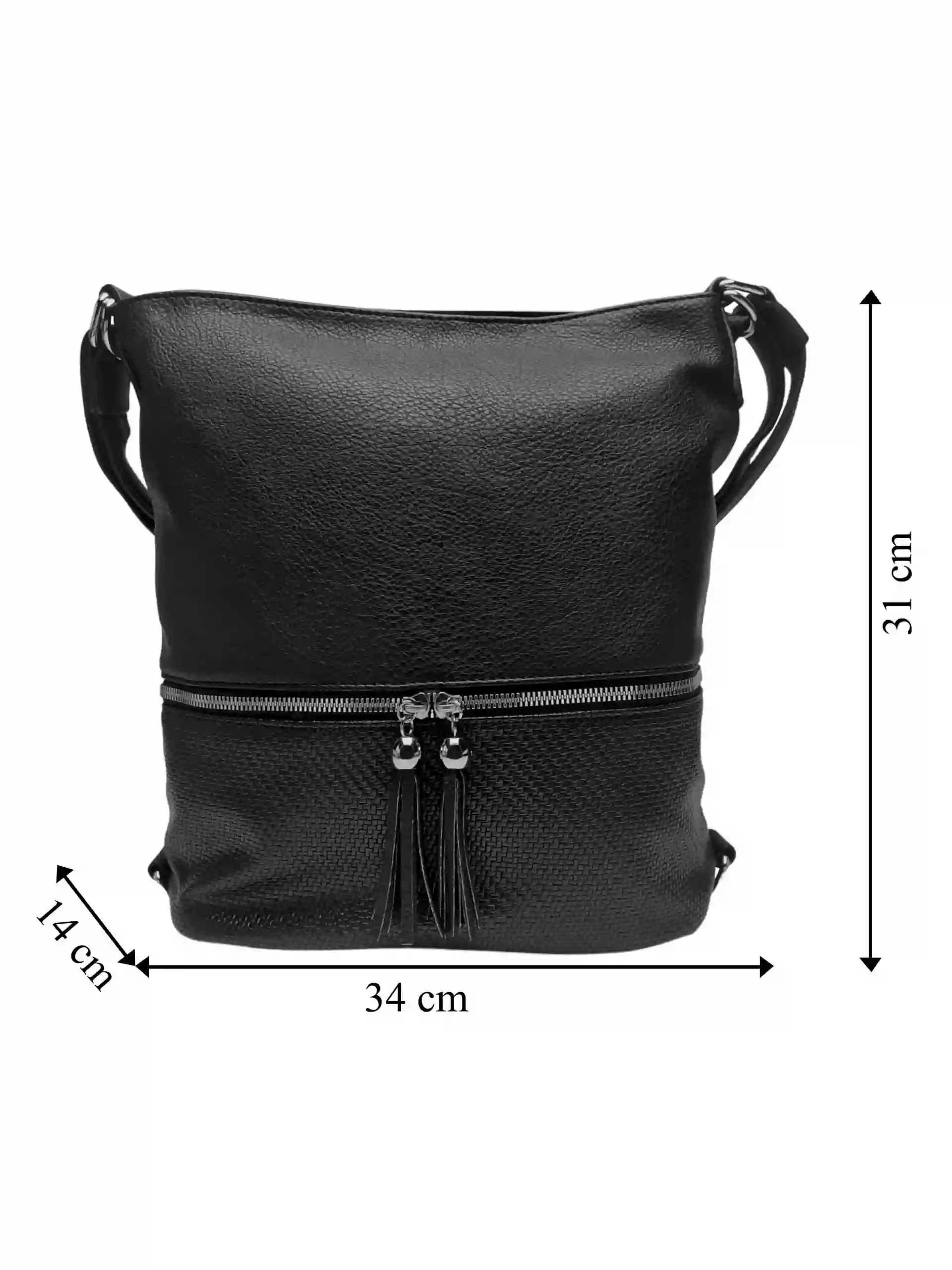 Střední černý kabelko-batoh 2v1 s třásněmi, Bella Belly, 5394, přední strana kabelko-batohu s rozměry