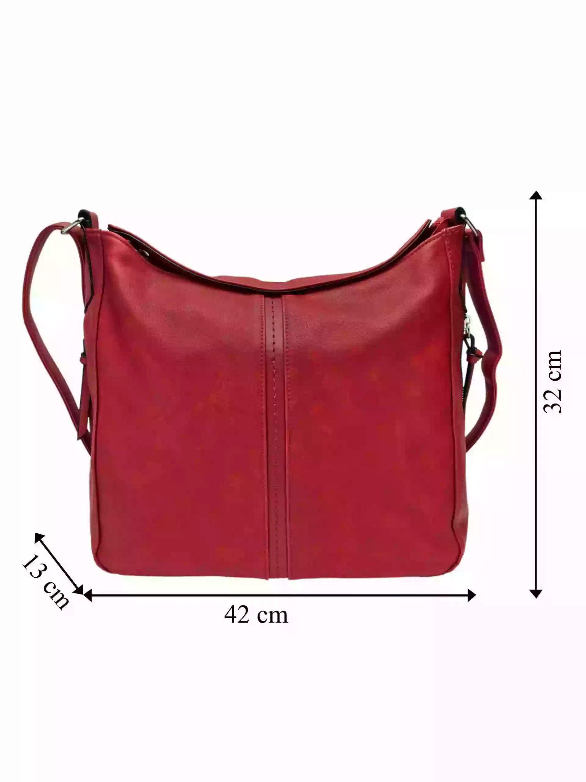 Velká tmavě červená crossbody kabelka s bočními kapsami, Tapple, H18037, přední strana crossbody kabelky s rozměry