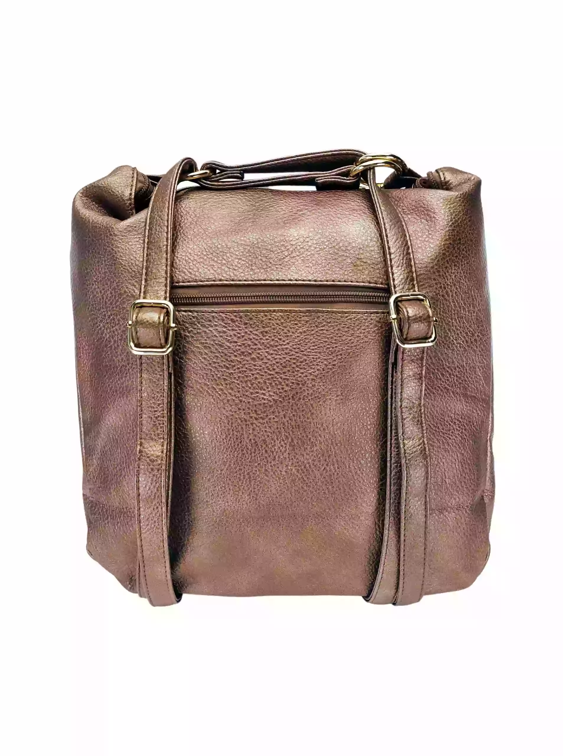 Velký bronzový kabelko-batoh 2v1 s kapsou, Int. Company, H23, zadní strana kabelko-batohu s popruhy