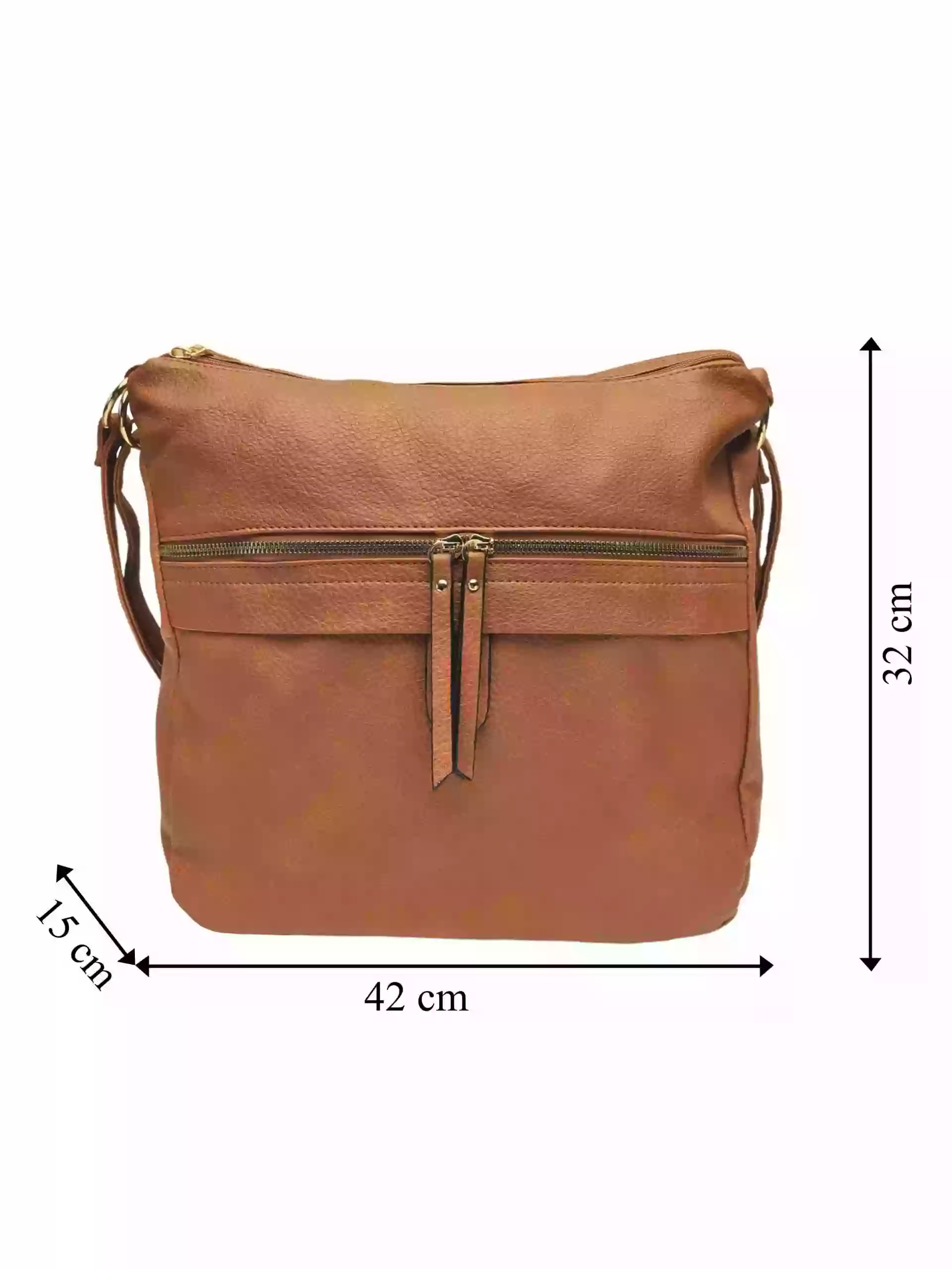 Velký středně hnědý kabelko-batoh 2v1 s kapsou, Int. Company, H23, přední strana kabelko-batohu s rozměry