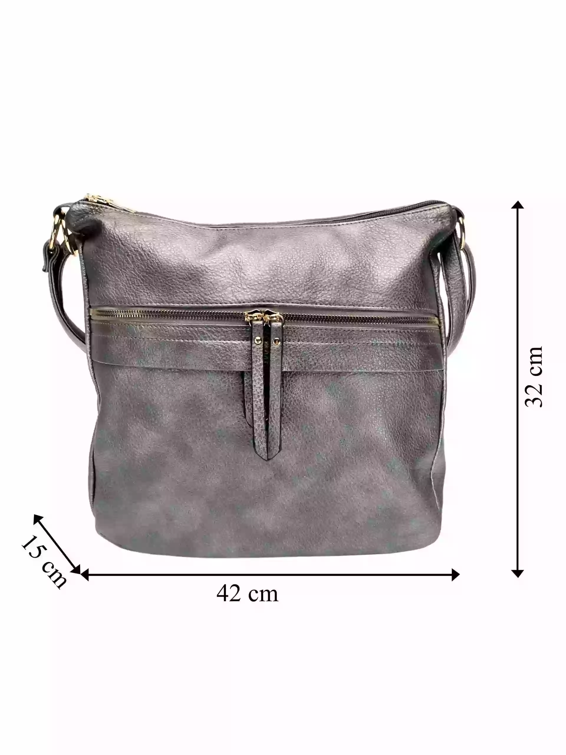 Velký stříbrný kabelko-batoh 2v1 s kapsou, Int. Company, H23, přední strana kabelko-batohu s rozměry