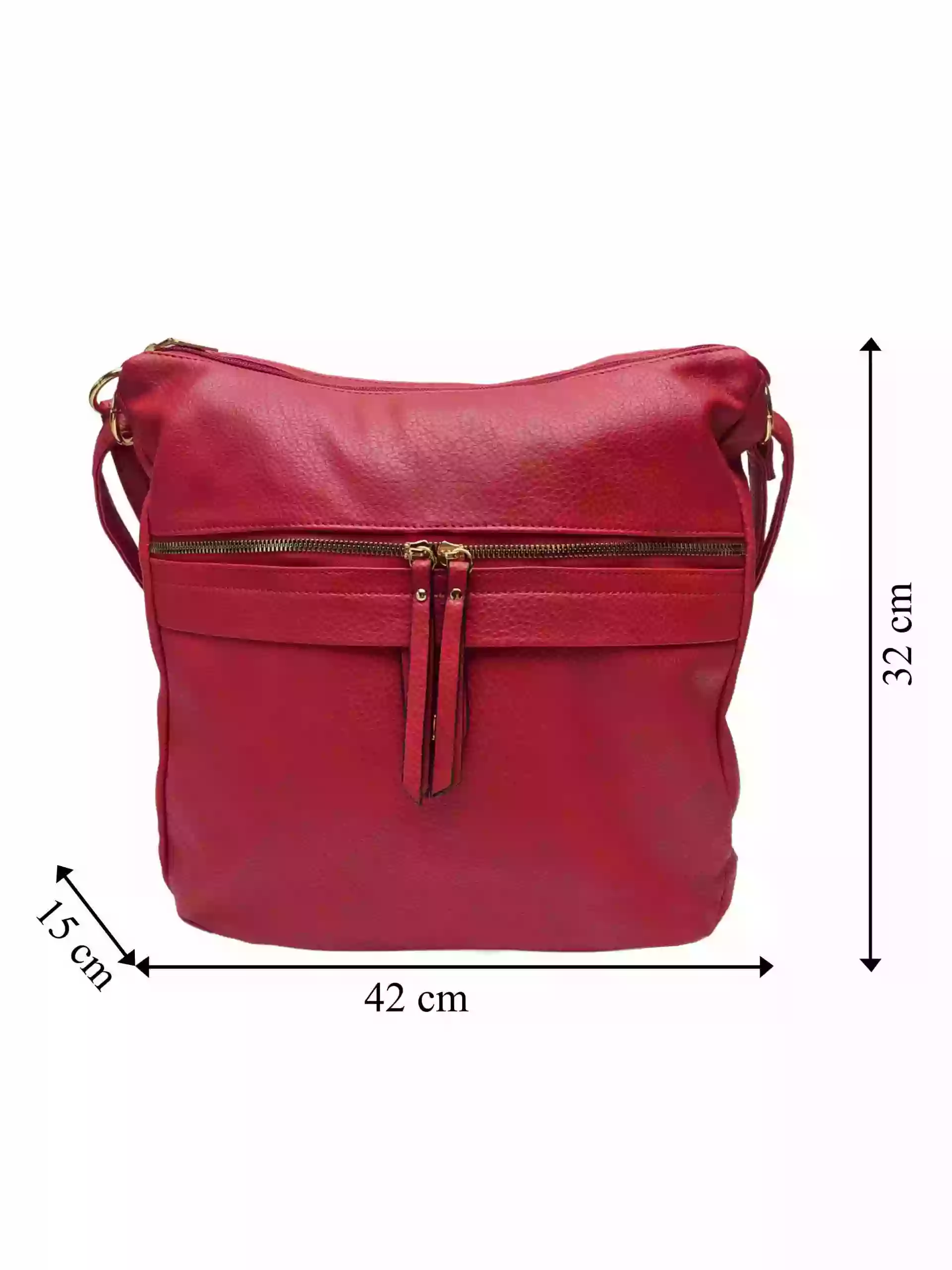 Velký tmavě červený kabelko-batoh 2v1 s kapsou, Int. Company, H23, přední strana kabelko-batohu 2v1 s rozměry