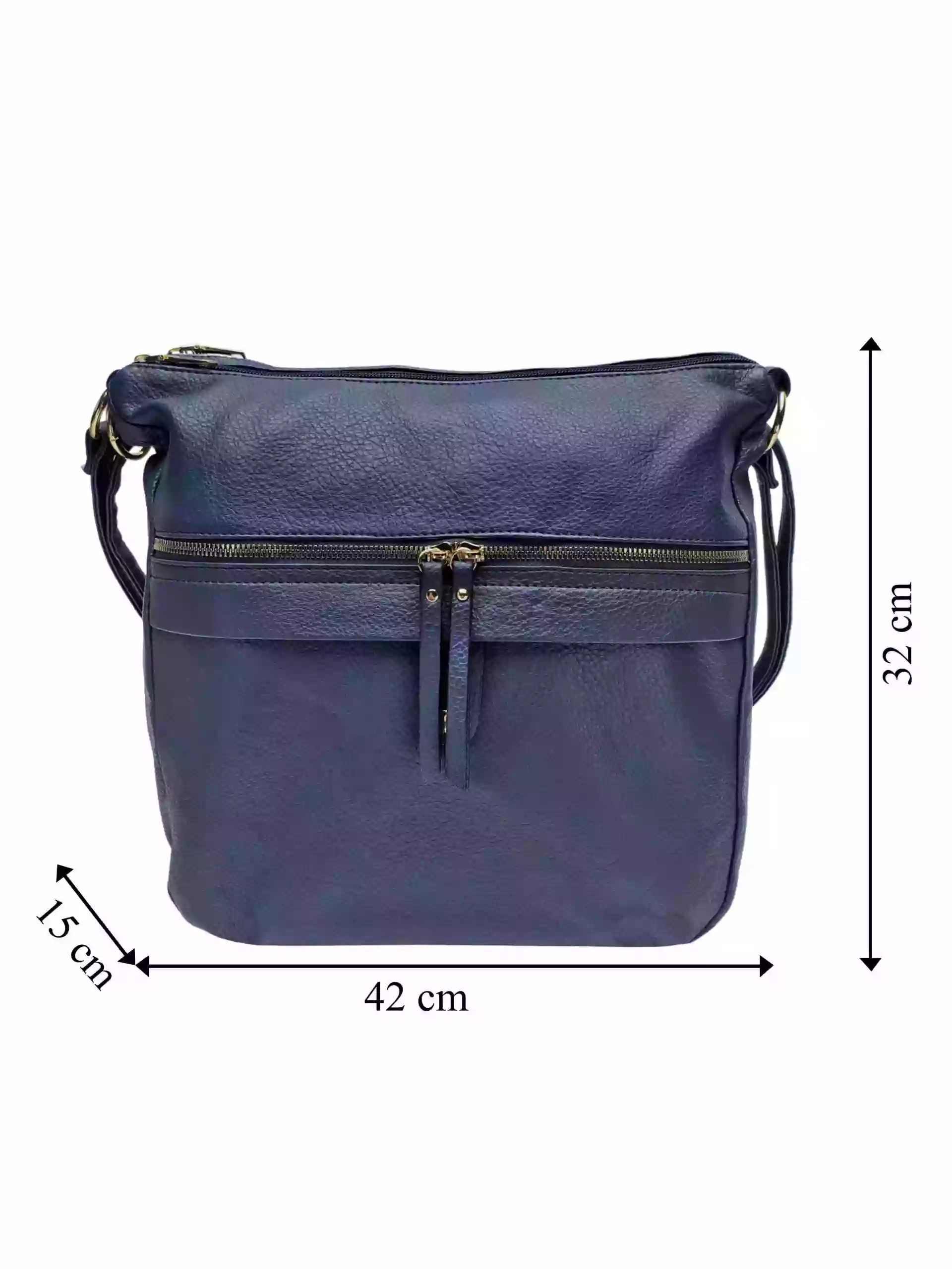 Velký tmavě modrý kabelko-batoh 2v1 s kapsou, Int. Company, H23, přední strana kabelko-batohu s rozměry