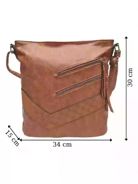 Moderní středně hnědá crossbody kabelka s kapsami, Rosy Bag, NH8135, přední strana crossbody kabelky s rozměry