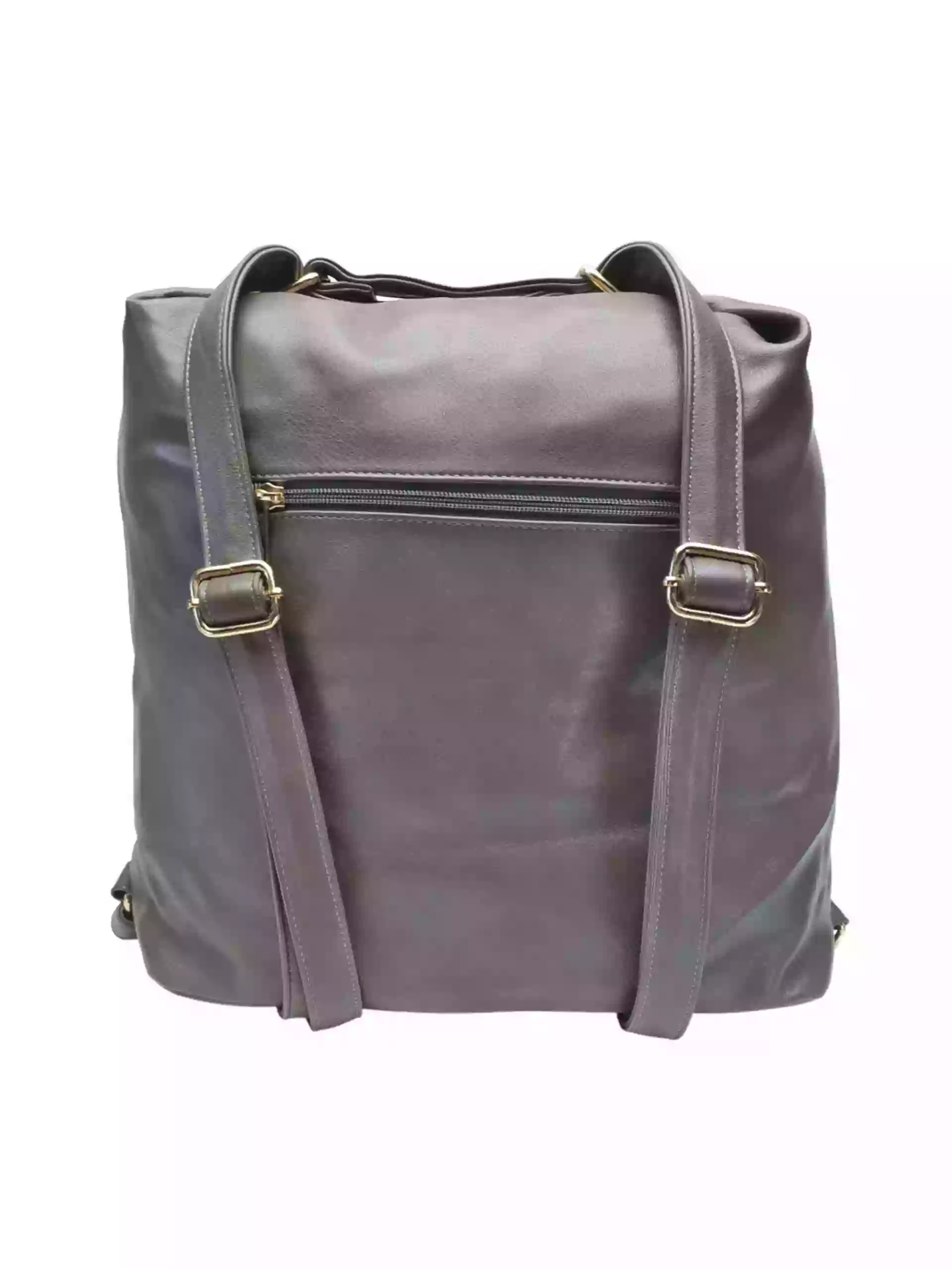 Prostorný šedohnědý kabelko-batoh 2v1 s přední kapsou, Caely, Q3071, zadní strana kabelko-batohu 2v1 s popruhy