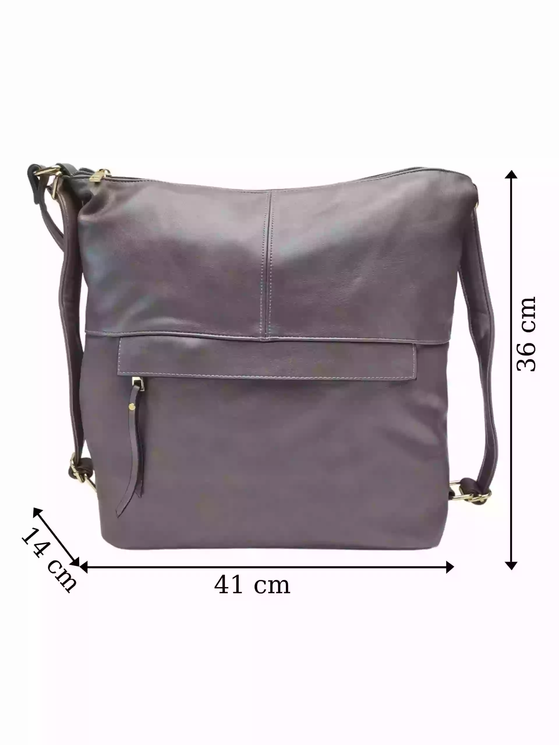 Prostorný šedohnědý kabelko-batoh 2v1 s přední kapsou, Caely, Q3071, přední strana kabelko-batohu 2v1 s rozměry