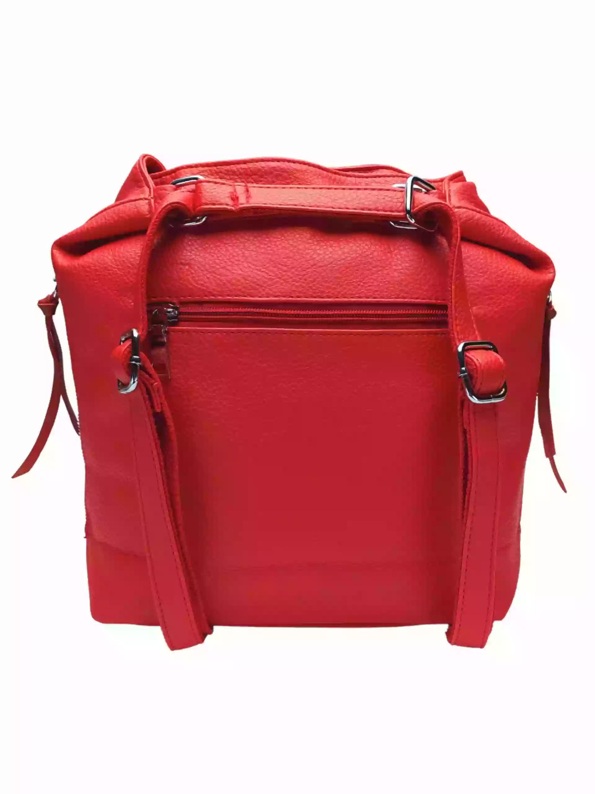 Střední červený kabelko-batoh 2v1 s praktickými bočními kapsami, Miss Moda, 980882, zadní strana kabelko-batohu 2v1 s popruhy