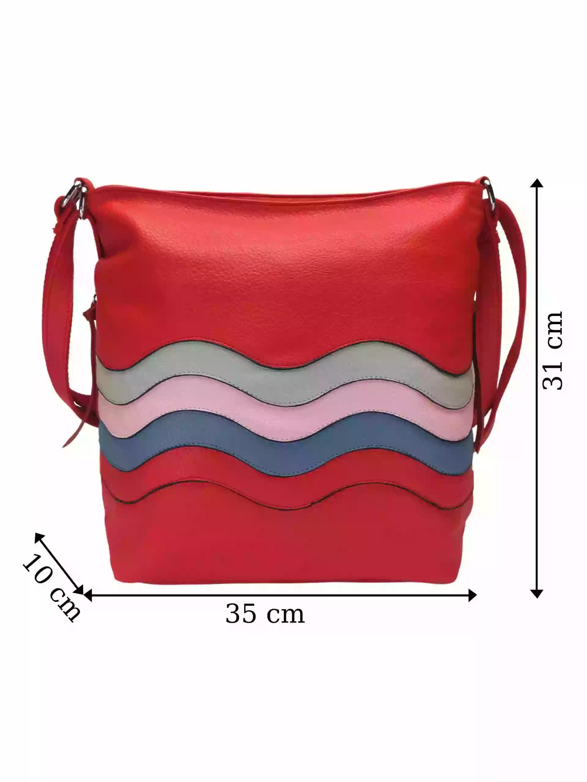 Střední červený kabelko-batoh 2v1 s praktickými bočními kapsami, Miss Moda, 980882, přední strana kabelko-batohu 2v1 s rozměry