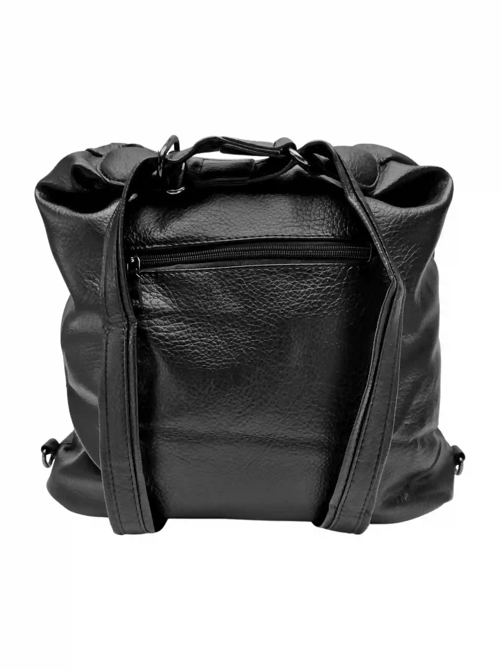 Velký černý kabelko-batoh 2v1 s praktickými kapsami, Miss Moda, 980953, zadní strana kabelko-batohu 2v1 s popruhy