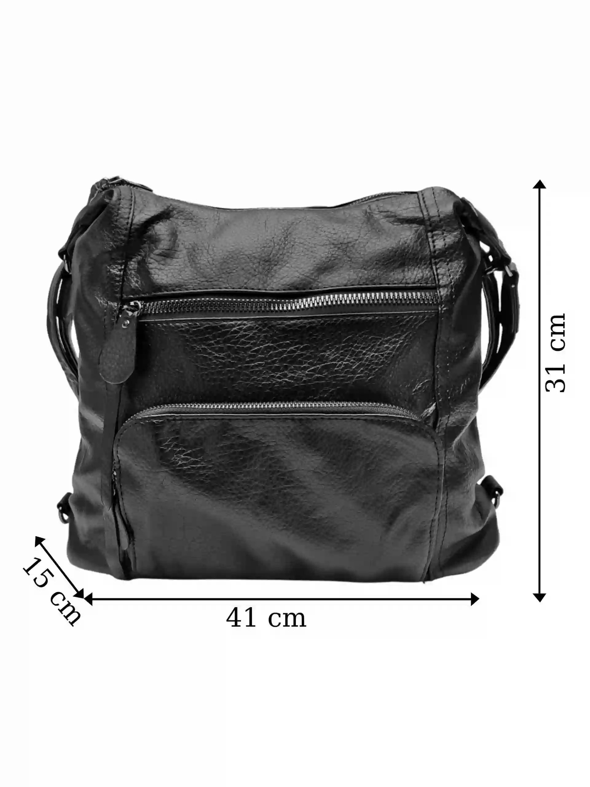 Velký černý kabelko-batoh 2v1 s praktickými kapsami, Miss Moda, 980953, přední strana kabelko-batohu 2v1 s rozměry