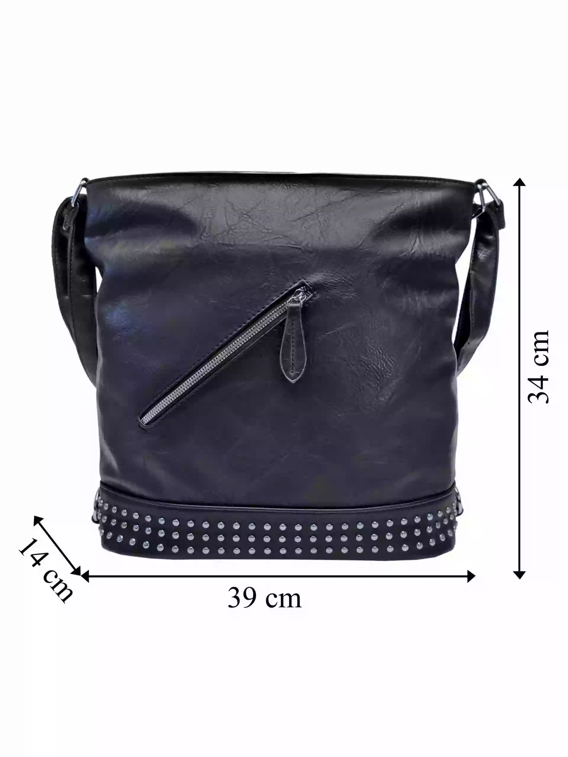 Velká černá kabelka a batoh 2v1 s šikmou kapsou, Jessica Bags, 2034, přední strana kabelky a batohu 2v1 s rozměry
