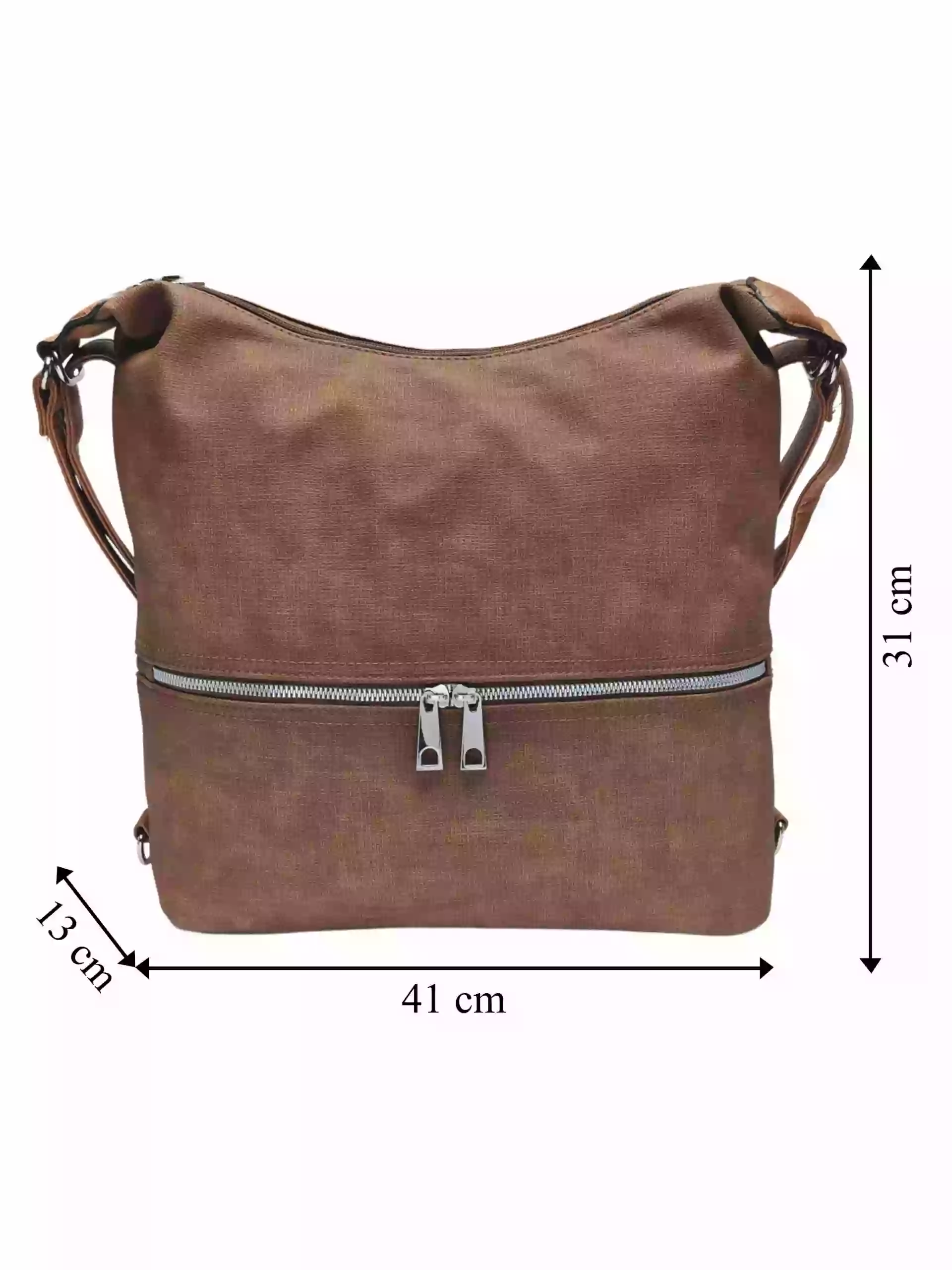 Velký středně hnědý kabelko-batoh 2v1 s praktickou kapsou, Tapple, H190010N, přední strana kabelko-batohu 2v1 s rozměry