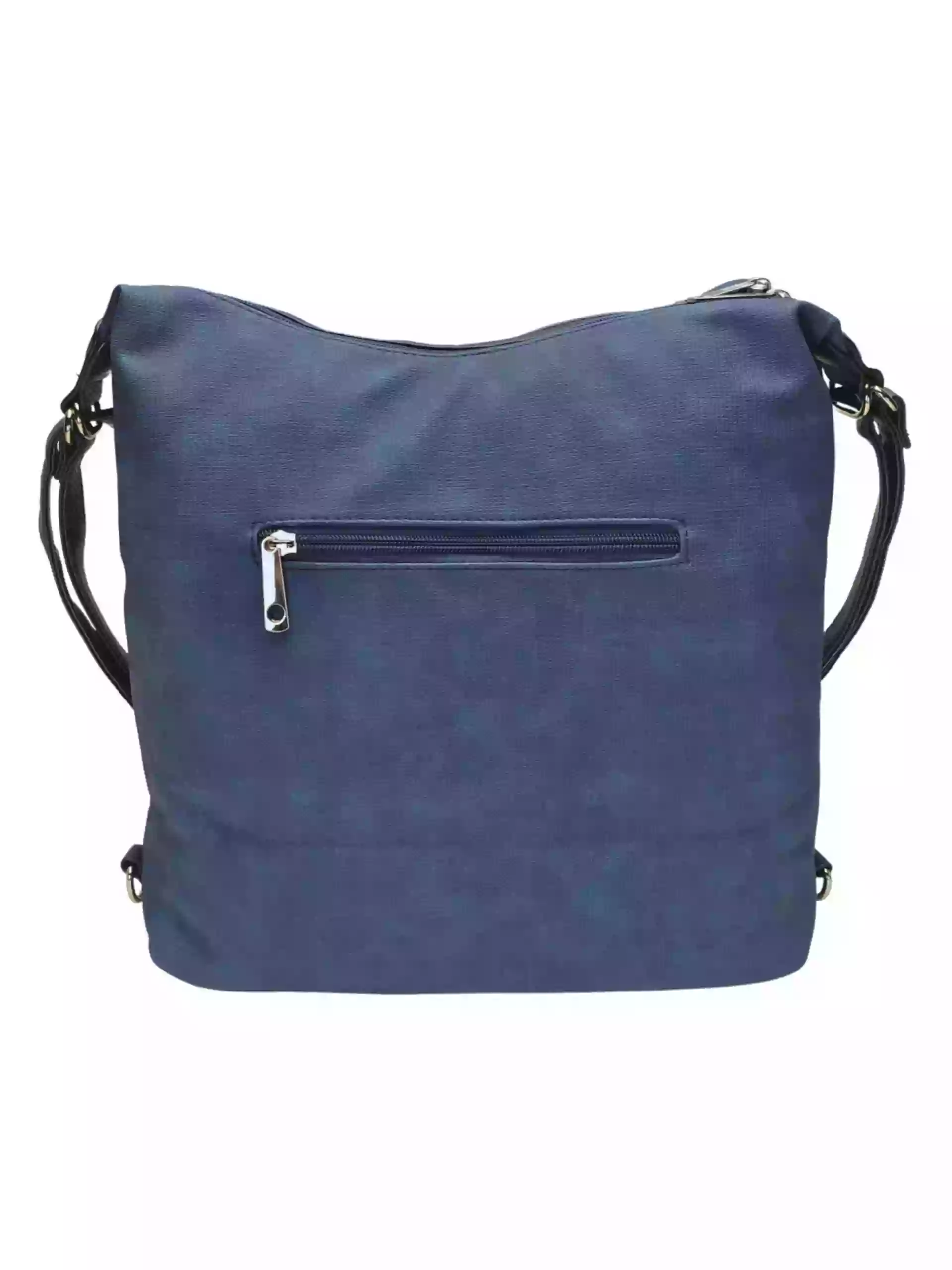 Velký středně modrý kabelko-batoh 2v1 s praktickou kapsou, Tapple, H190010N, zadní strana kabelko-batohu 2v1
