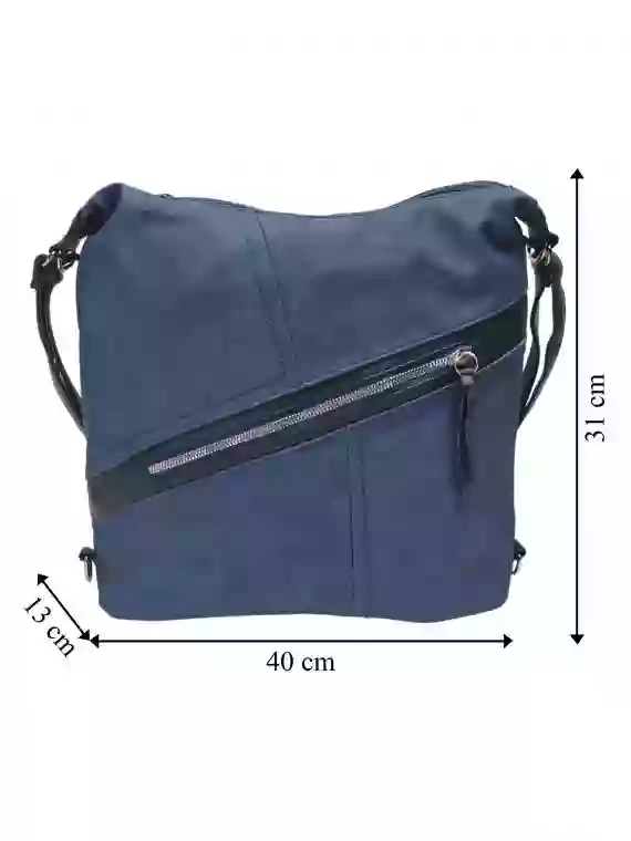 Velký středně modrý kabelko-batoh s šikmou kapsou, Tapple, H18077N, přední strana kabelko-batohu 2v1 s rozměry