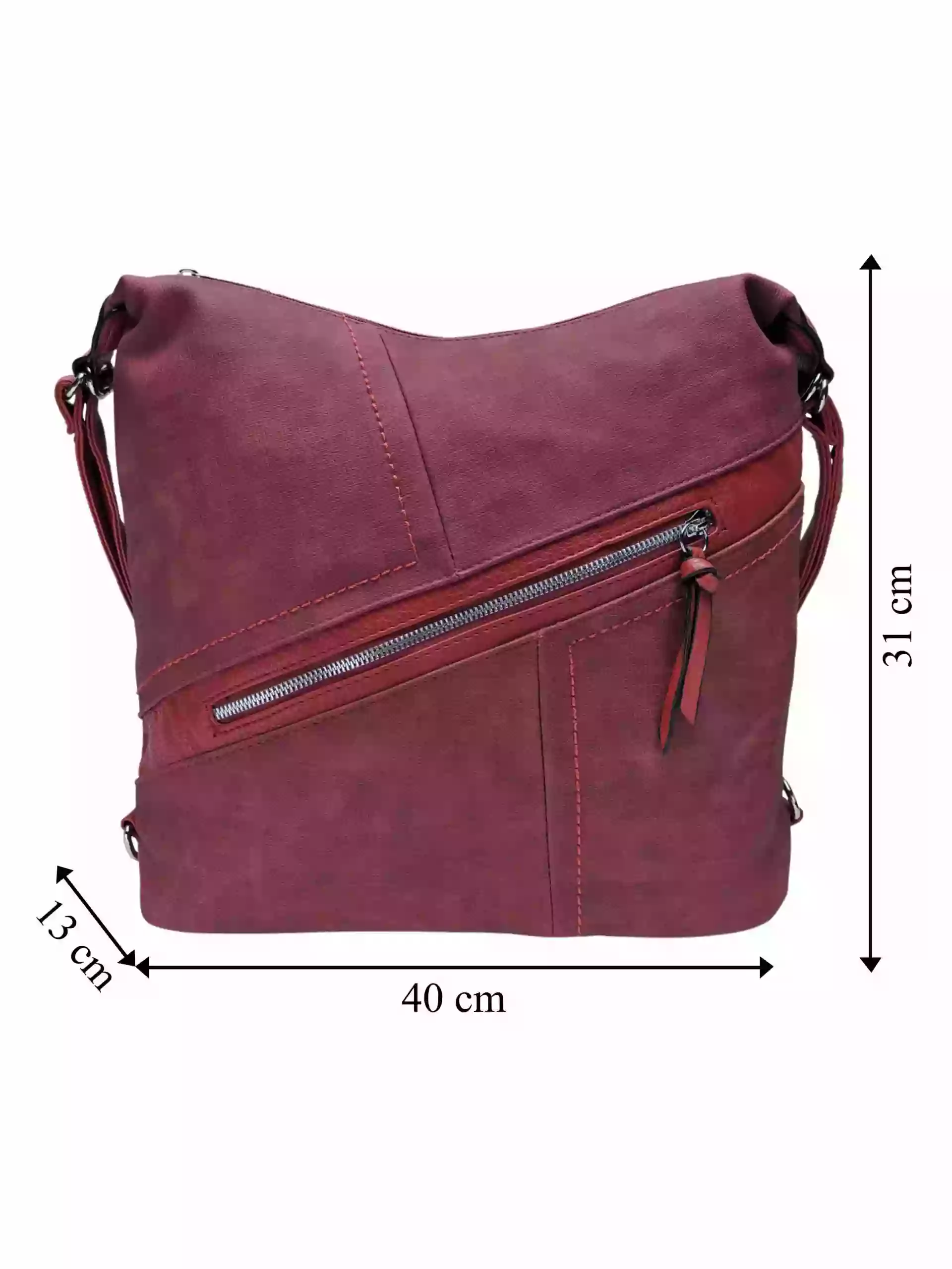 Velký vínový/bordó kabelko-batoh s šikmou kapsou, Tapple, H18077N, přední strana kabelko-batohu 2v1 s rozměry