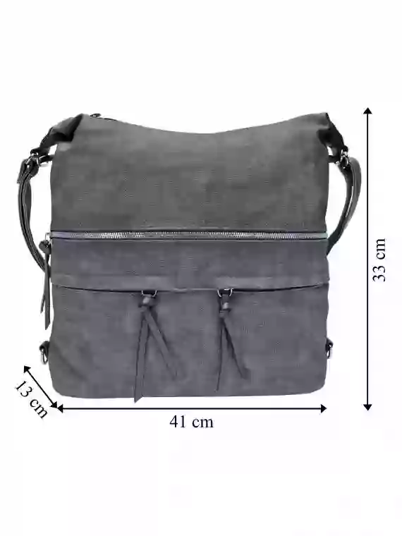 Velká středně šedá kabelka a batoh 2v1 s kapsami, Tapple, H181175N, přední strana kabelky a batohu 2v1 s rozměry