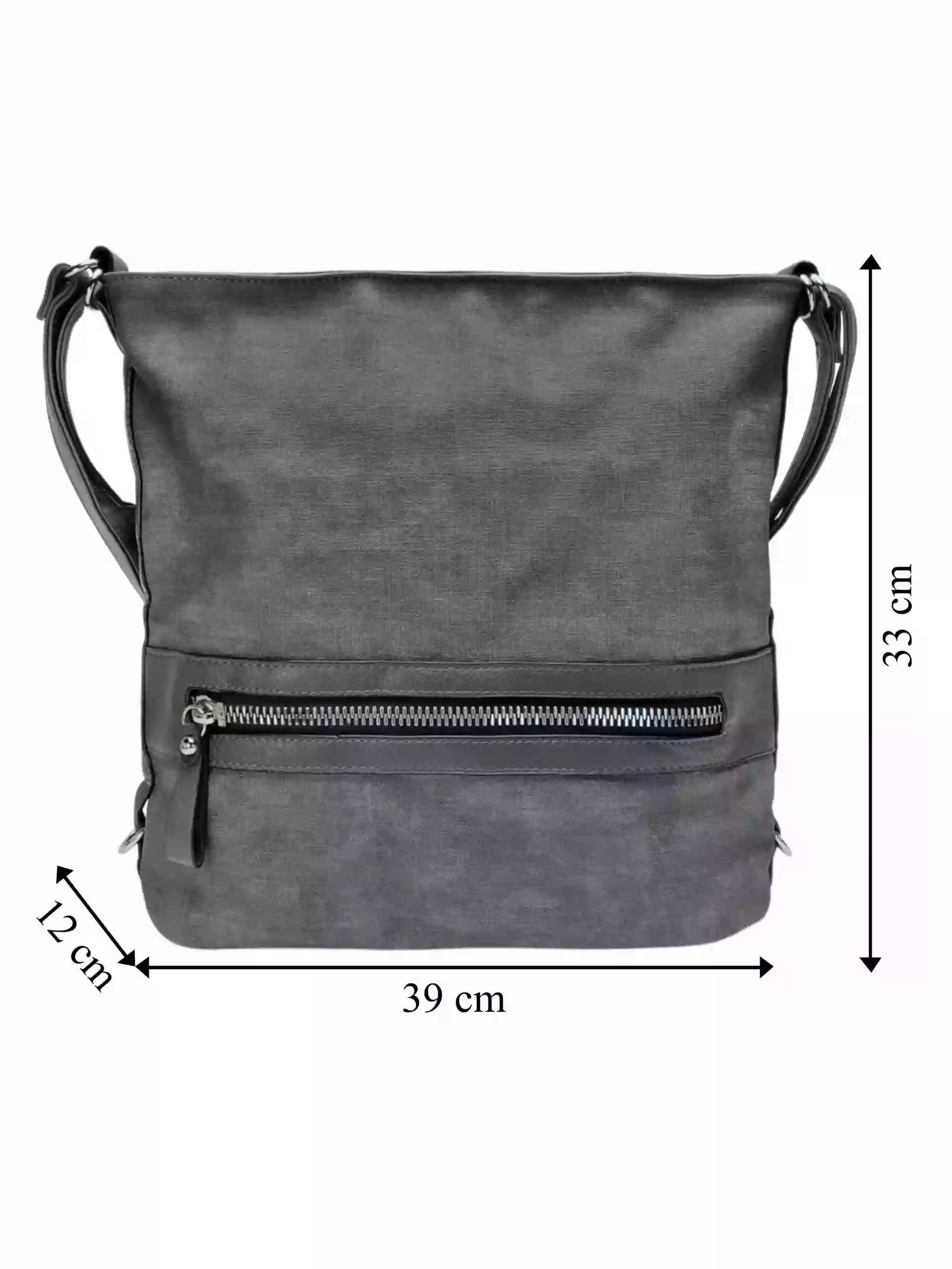 Velká středně šedá kabelka a batoh 2v1 s texturou, Tapple, H20805N, přední strana kabelky a batohu 2v1 s rozměry