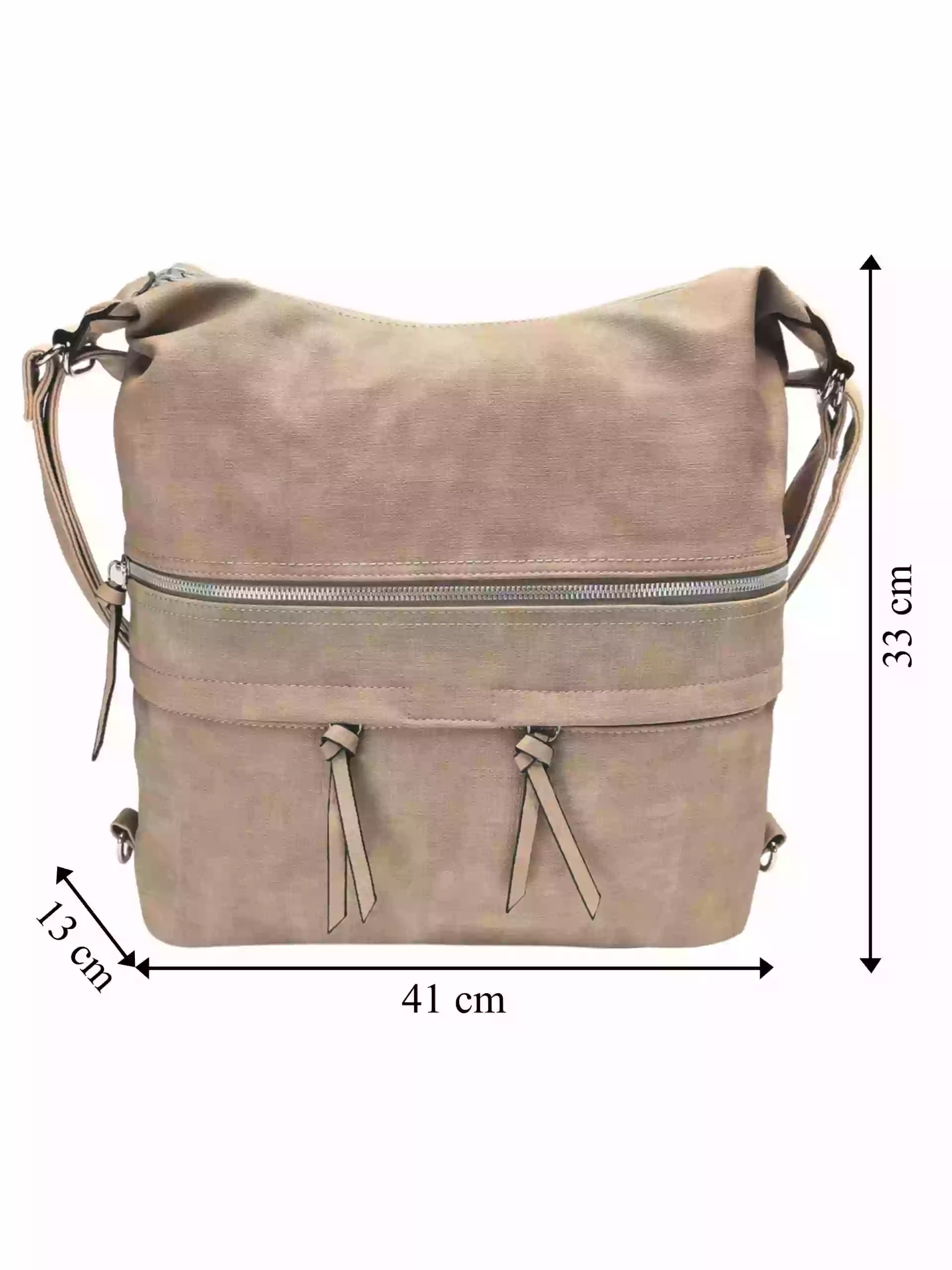 Velká světle hnědá kabelka a batoh 2v1 s kapsami, Tapple, H181175N, přední strana kabelky a batohu 2v1 s rozměry