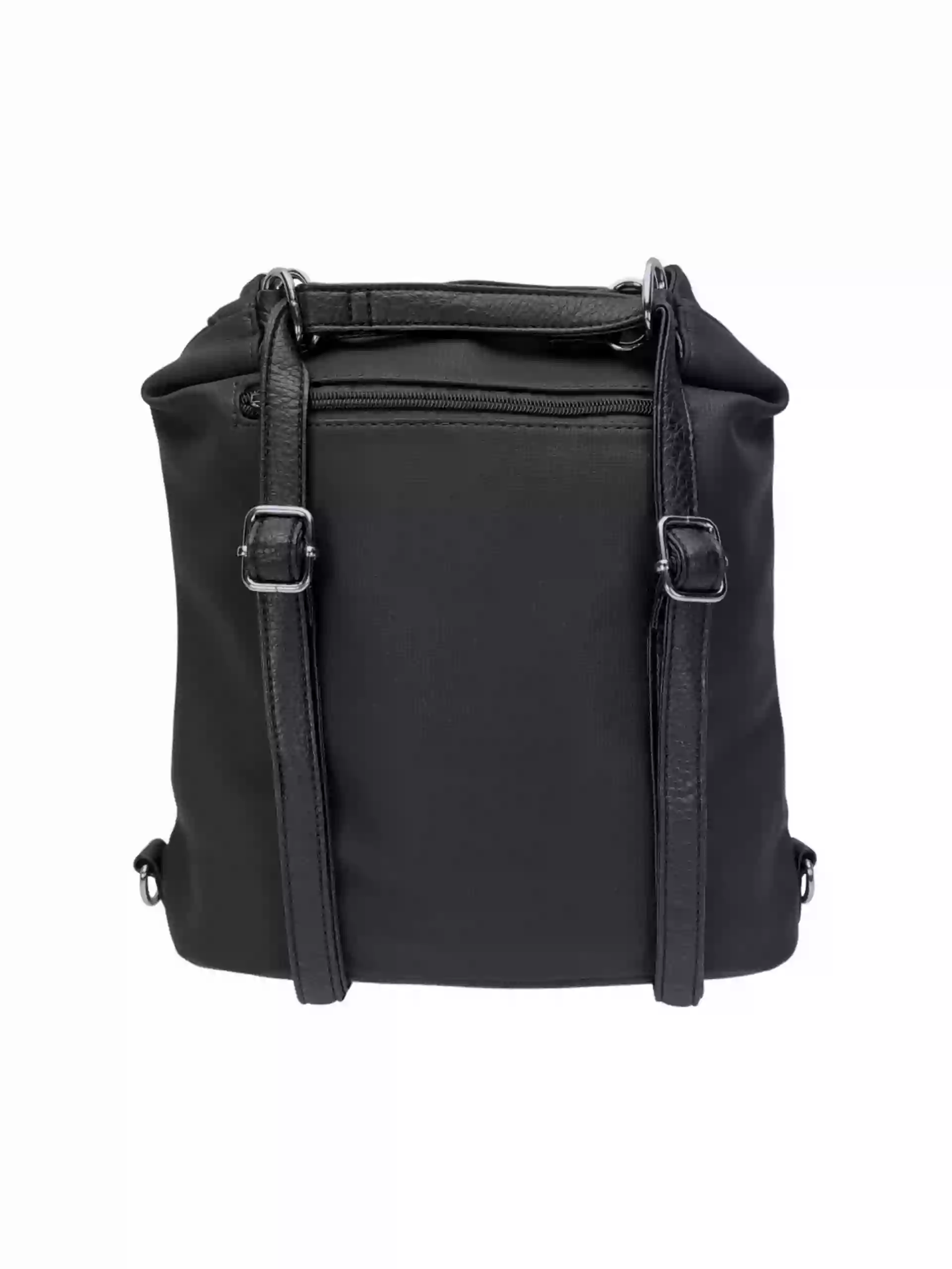 Střední černý kabelko-batoh 2v1 s šikmým zipem, Tapple, H190061, zadní strana kabelko-batohu 2v1 s popruhy
